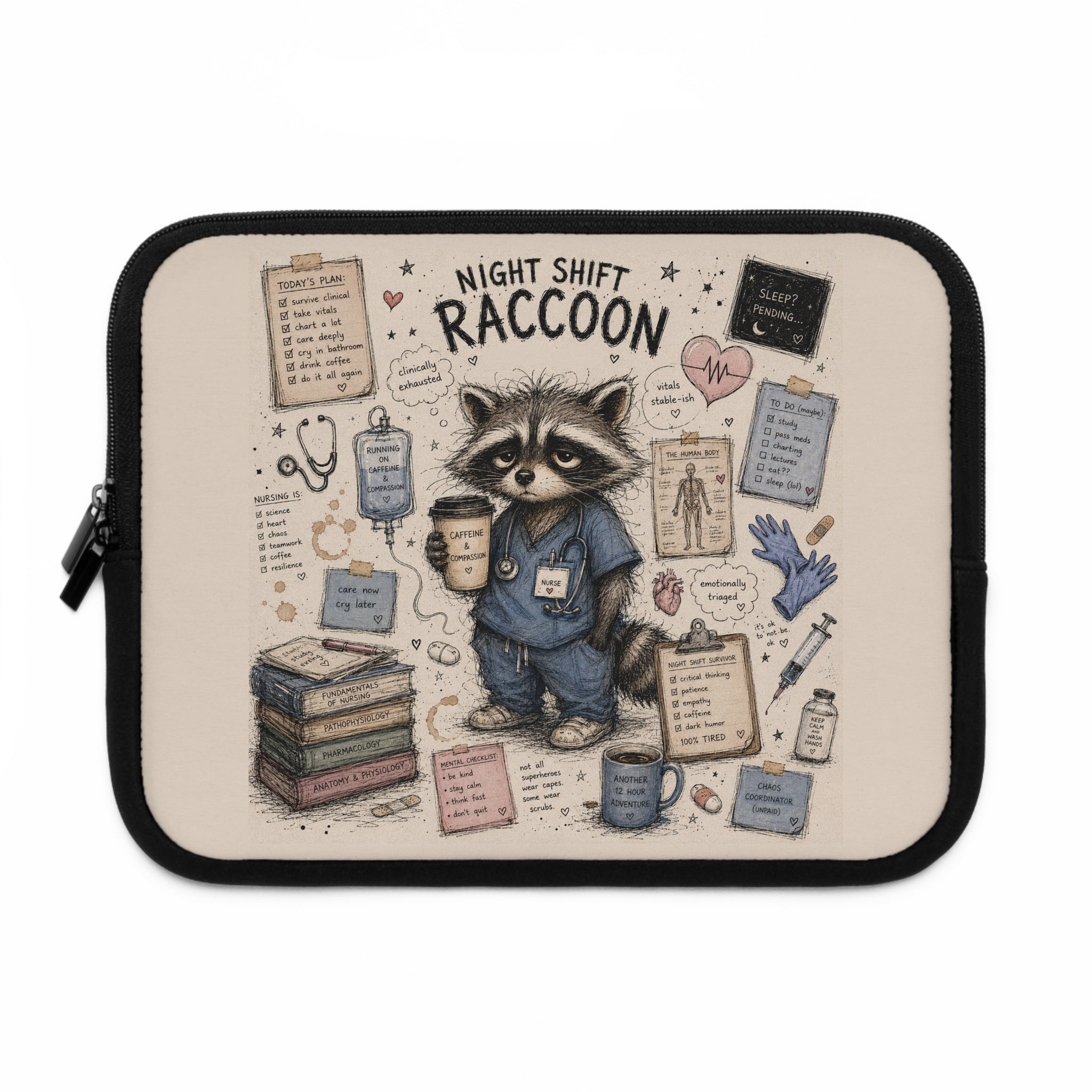 Night Shift Raccoon Nurse Laptop Sleeve — Cute Medical Team Gift