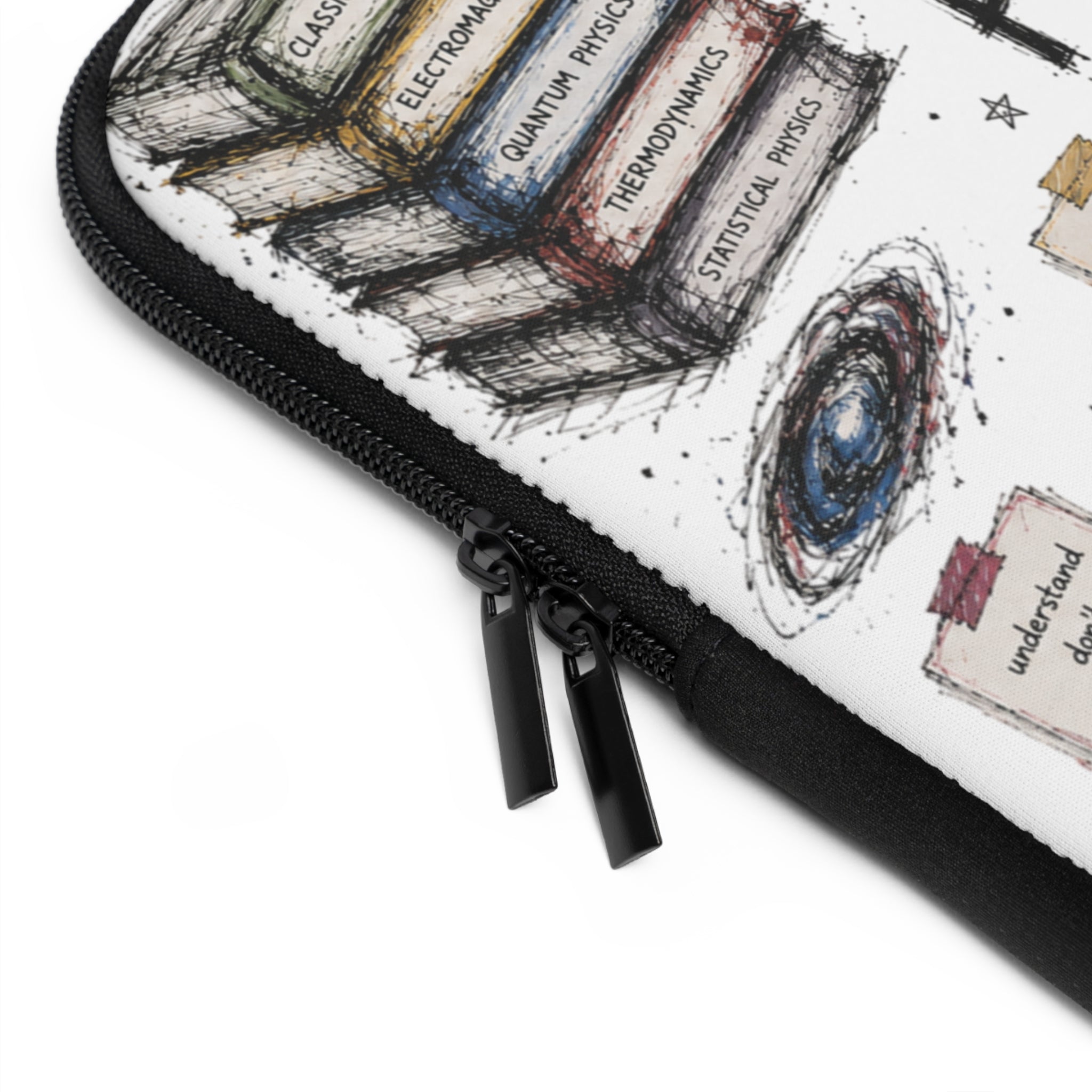 Physics Doodle Laptop Sleeve — Cute Science Notes & Cat Illustration