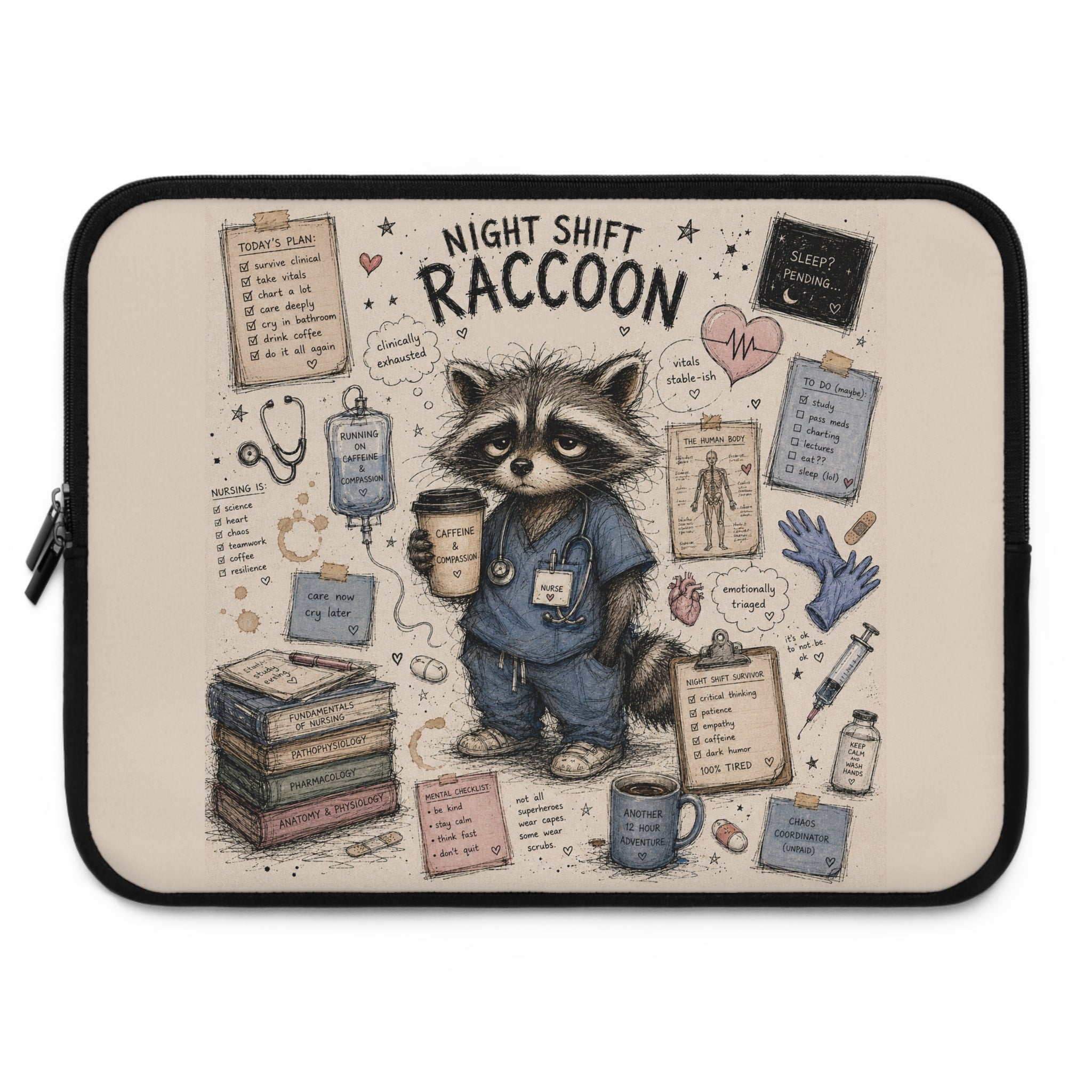 Night Shift Raccoon Nurse Laptop Sleeve — Cute Medical Team Gift