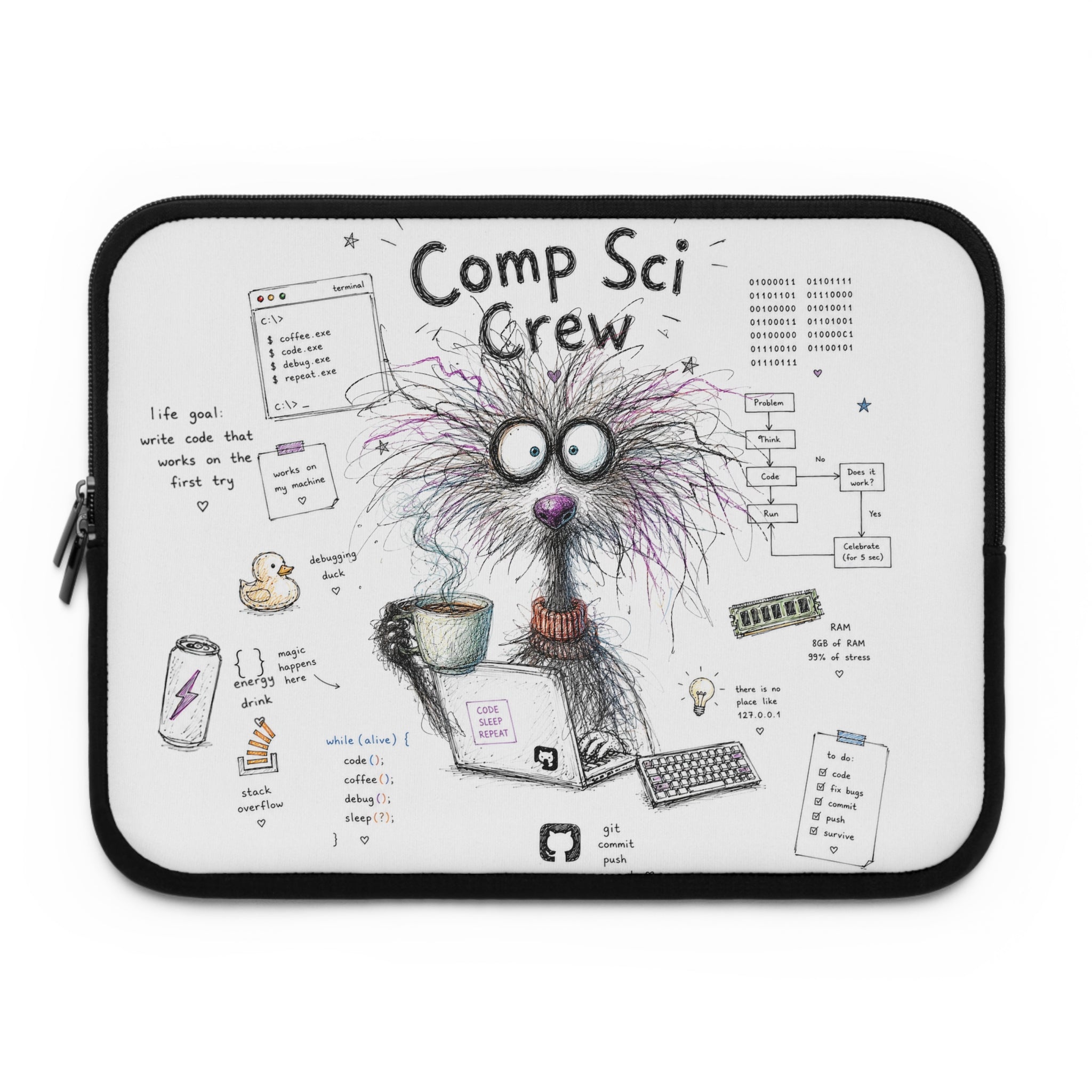 Comp Sci Crew Laptop Sleeve — Cute Fluffy Programmer Illustration