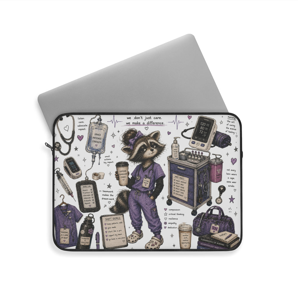 Cute Raccoon Nurse Laptop Sleeve — Nursing Student Gift, Scrubs & Coffee Design
