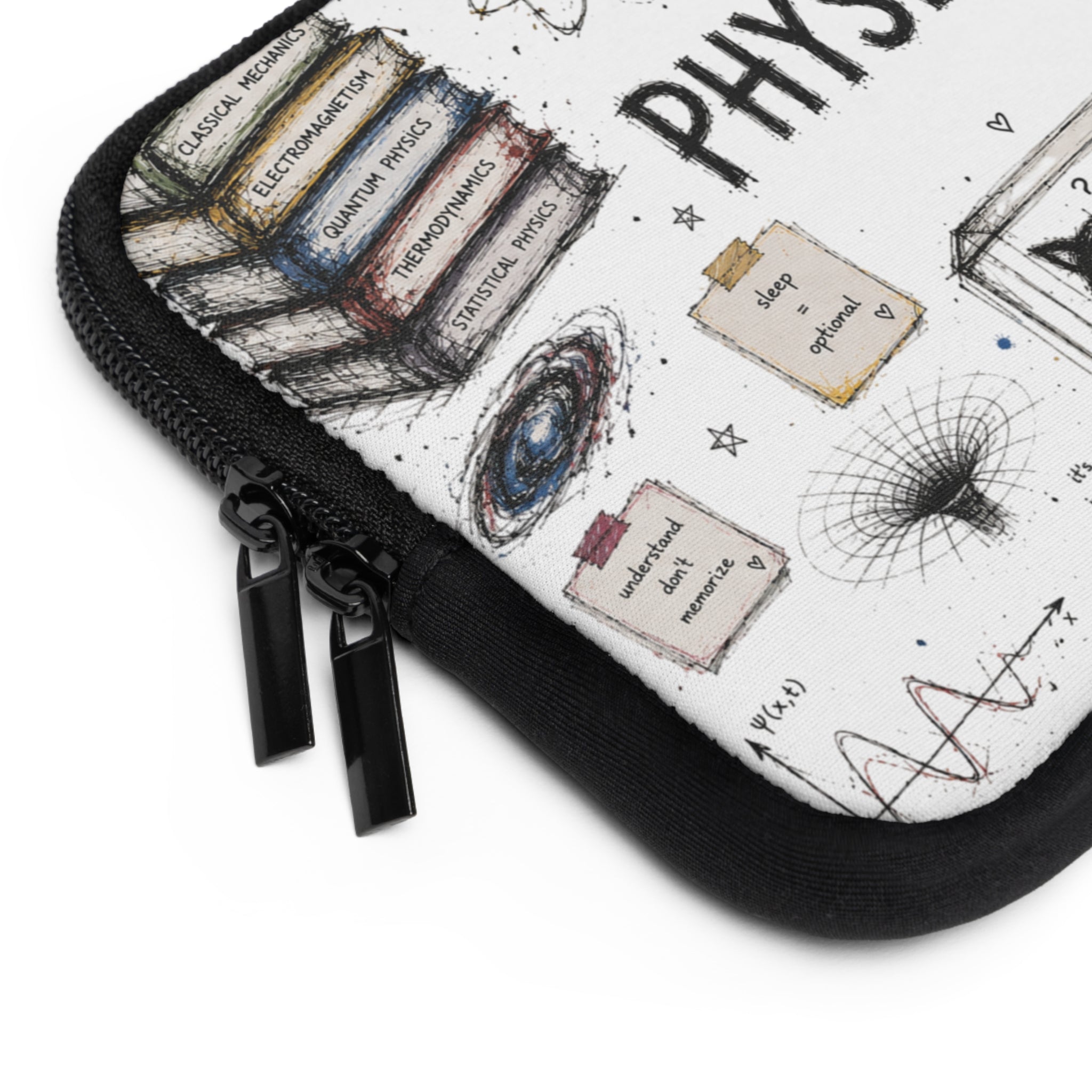 Physics Doodle Laptop Sleeve — Cute Science Notes & Cat Illustration