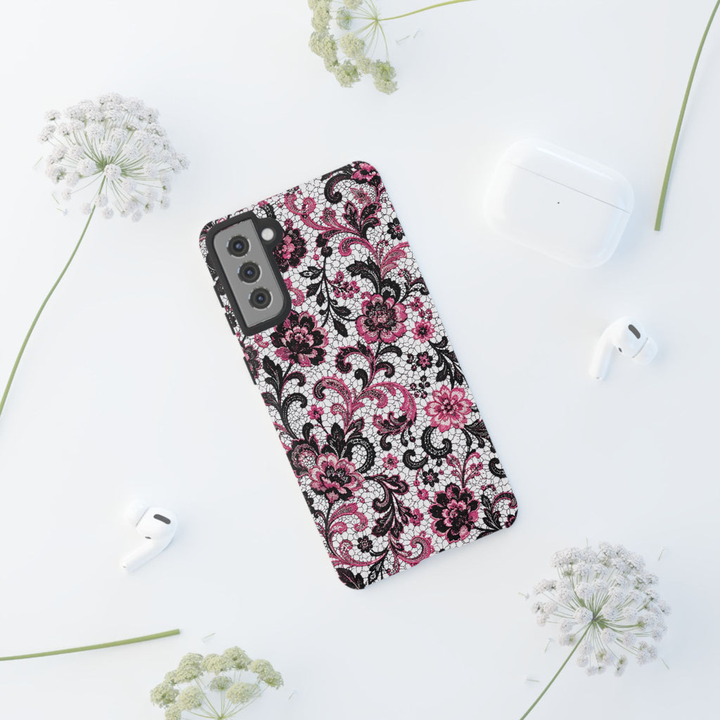 Floral Lace Pink & Black - Phone Case