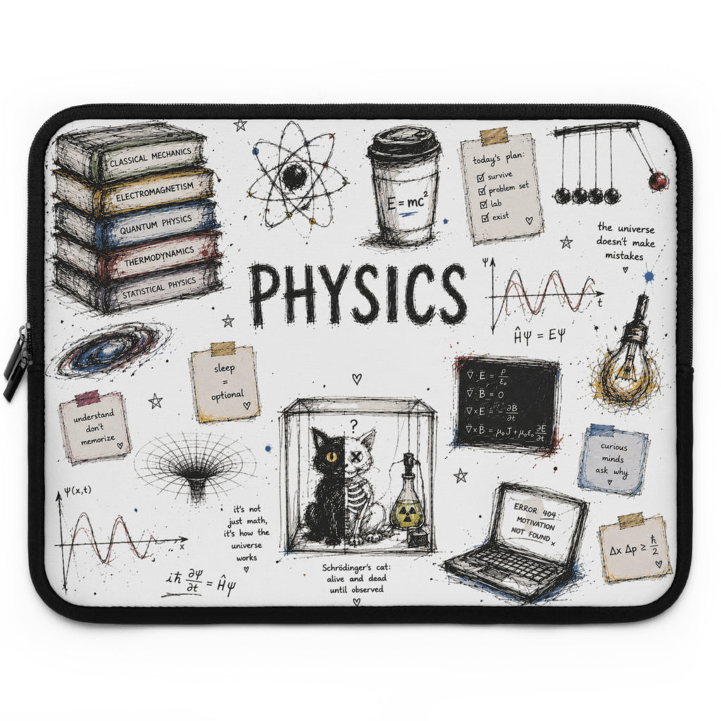 Physics Doodle Laptop Sleeve — Cute Science Notes & Cat Illustration