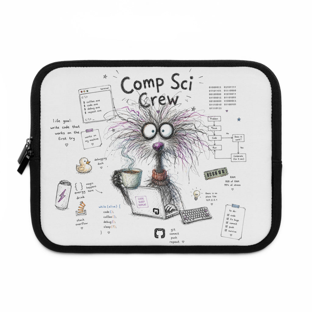 Comp Sci Crew Laptop Sleeve — Cute Fluffy Programmer Illustration