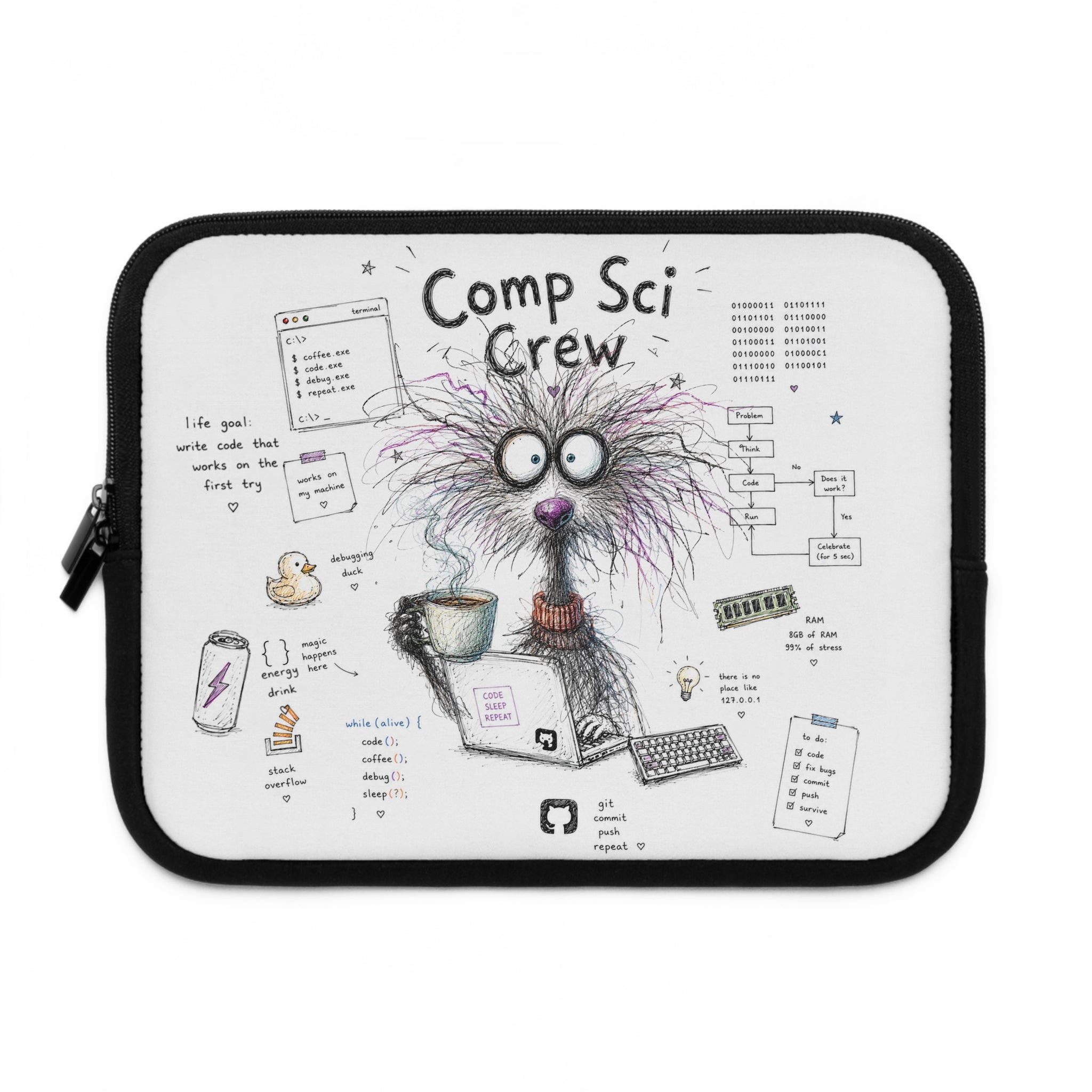 Comp Sci Crew Laptop Sleeve — Cute Fluffy Programmer Illustration