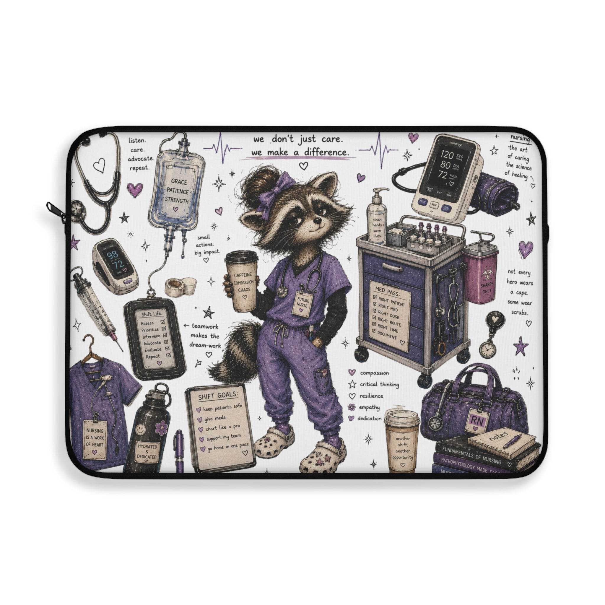 Cute Raccoon Nurse Laptop Sleeve — Nursing Student Gift, Scrubs & Coffee Design