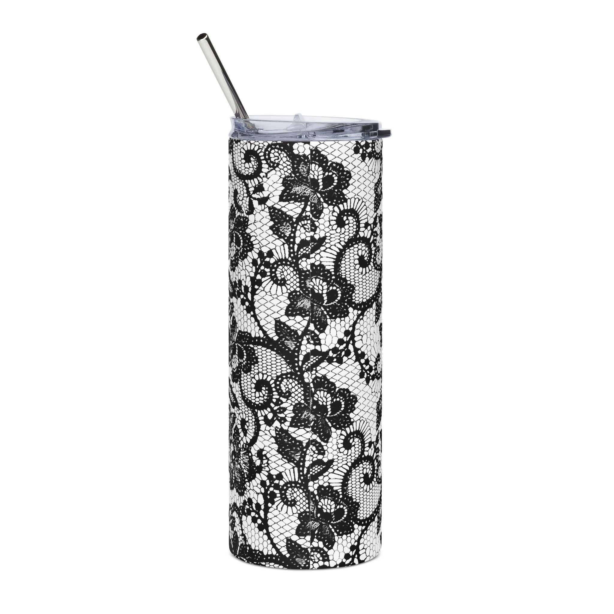 20oz Stainless Tumbler — Black Lace Floral Skinny Travel Cup