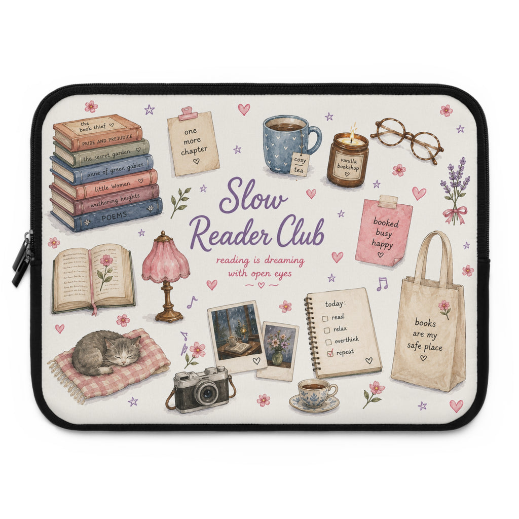 Slow Reader Club Laptop Sleeve — Cozy Bookish Book Lover Sleeve