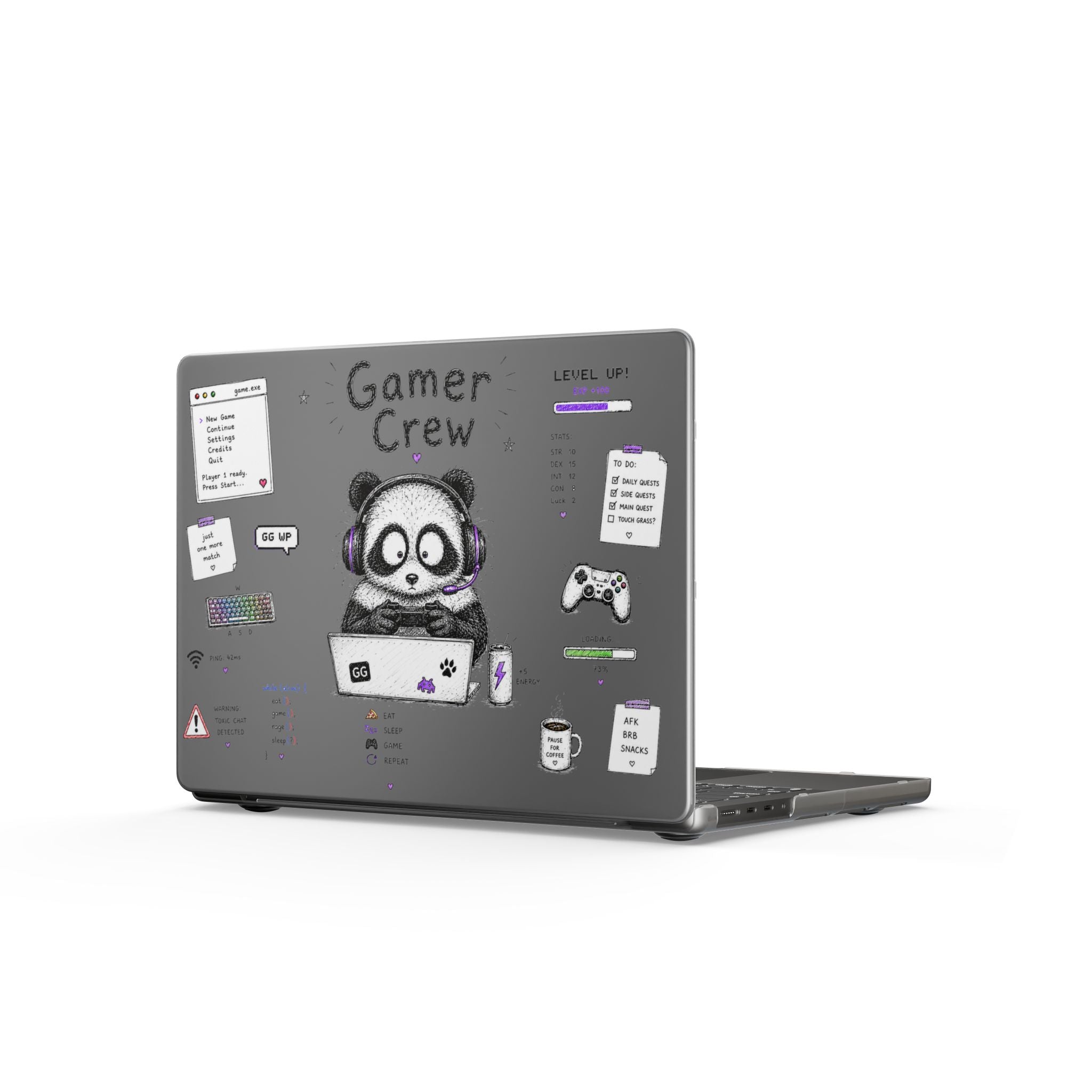 Gamer Crew Matte MacBook Case — Cute Panda Gaming Laptop Skin with Controller & Stickers
