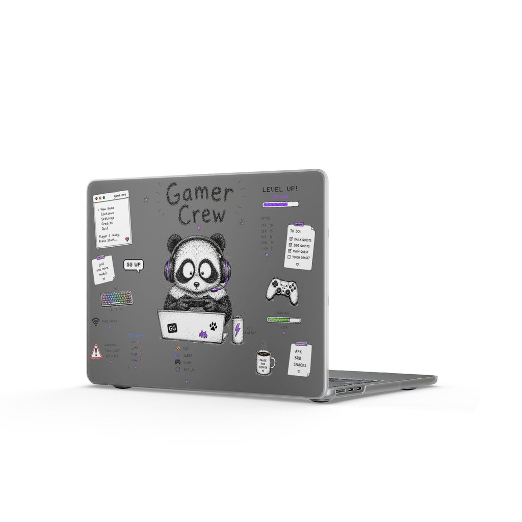 Gamer Crew Matte MacBook Case — Cute Panda Gaming Laptop Skin with Controller & Stickers
