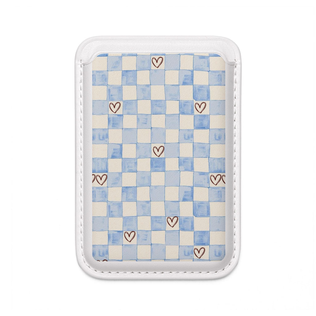 MagSafe Vegan Wallet — Blue Checkerboard with Tiny Hearts Card Holder