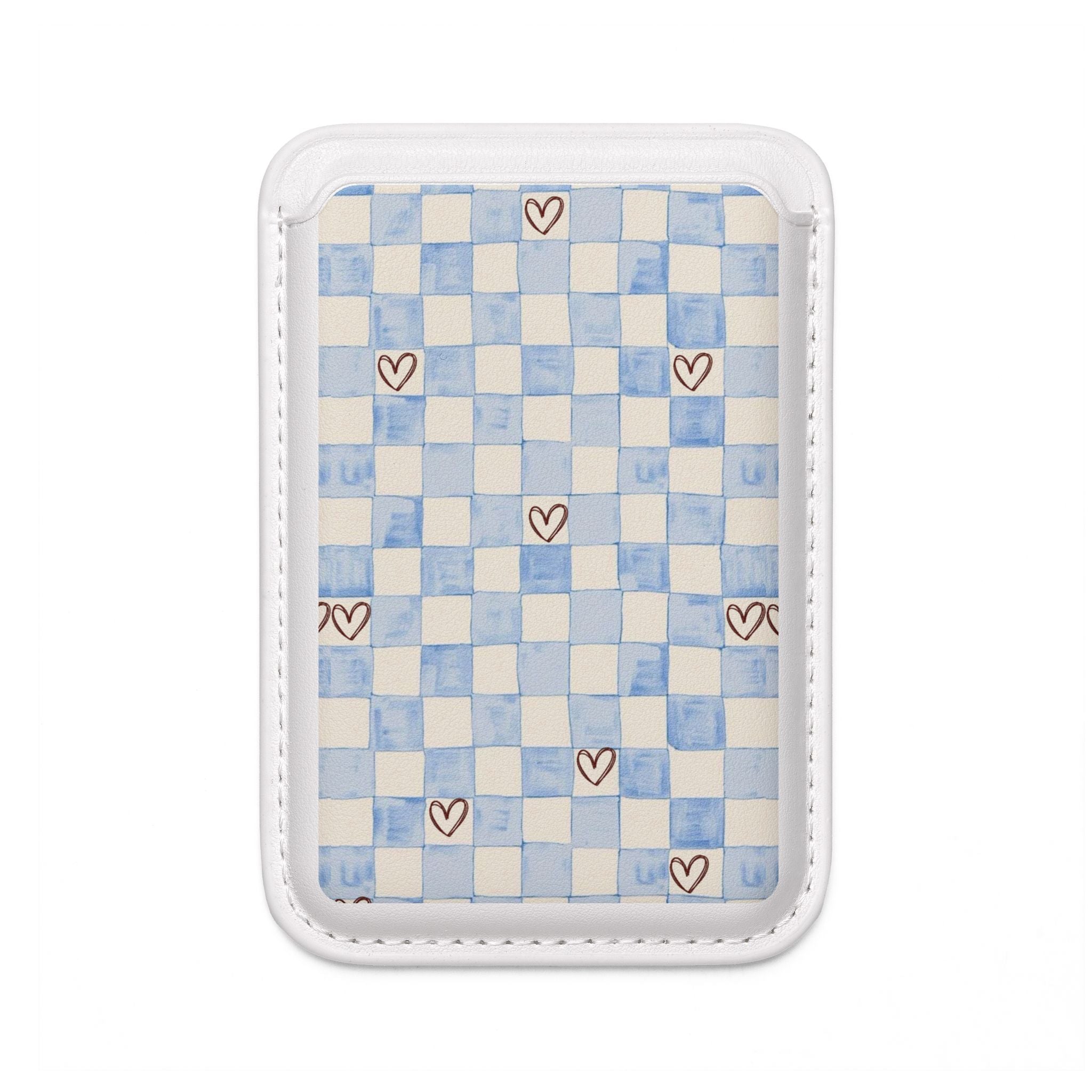 MagSafe Vegan Wallet — Blue Checkerboard with Tiny Hearts Card Holder