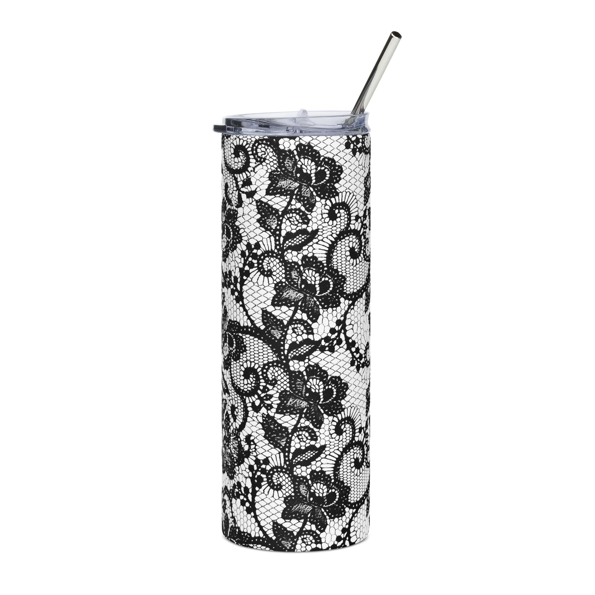 20oz Stainless Tumbler — Black Lace Floral Skinny Travel Cup
