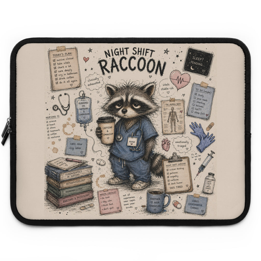Night Shift Raccoon Nurse Laptop Sleeve — Cute Medical Team Gift