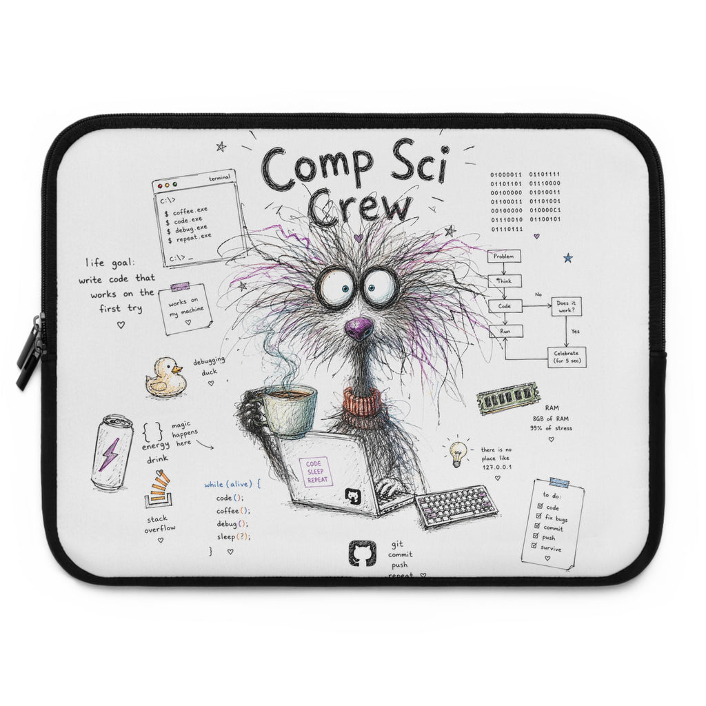 Comp Sci Crew Laptop Sleeve — Cute Fluffy Programmer Illustration