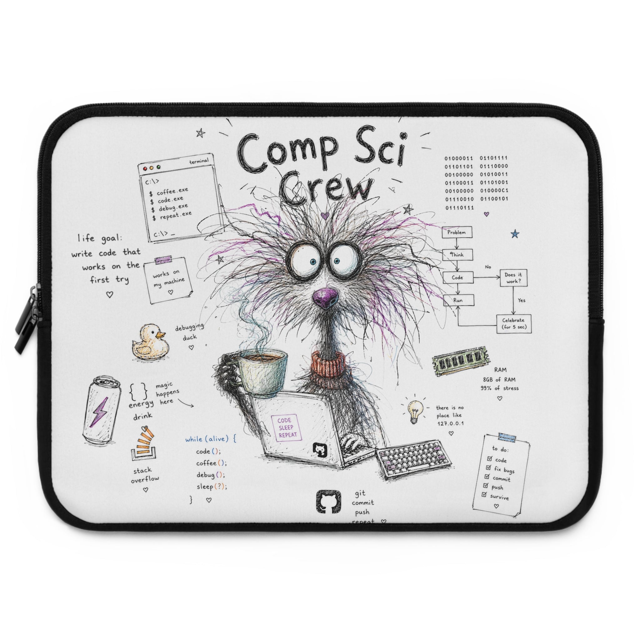 Comp Sci Crew Laptop Sleeve — Cute Fluffy Programmer Illustration
