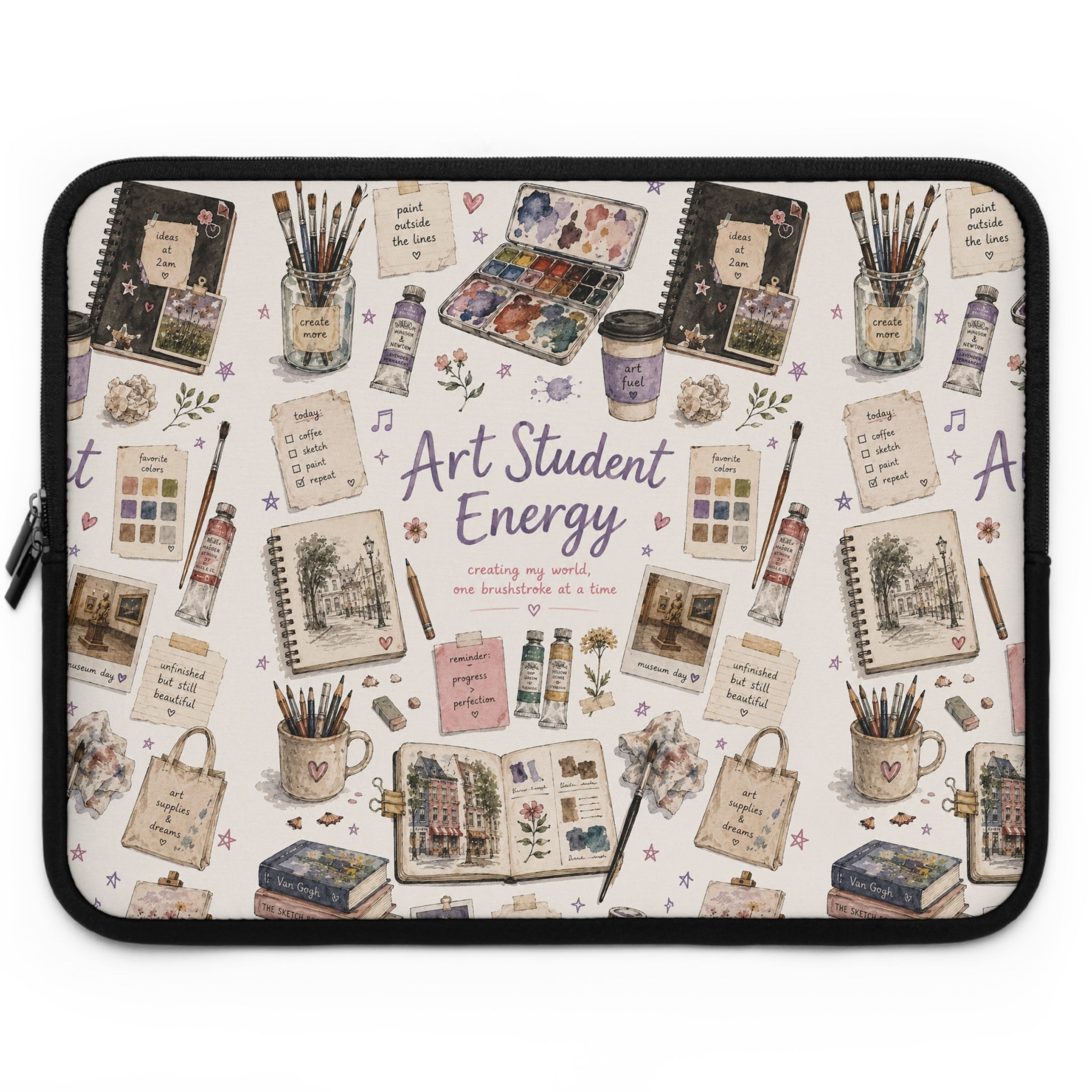 Art Student Energy Laptop Sleeve — Watercolor Art Supplies Pattern