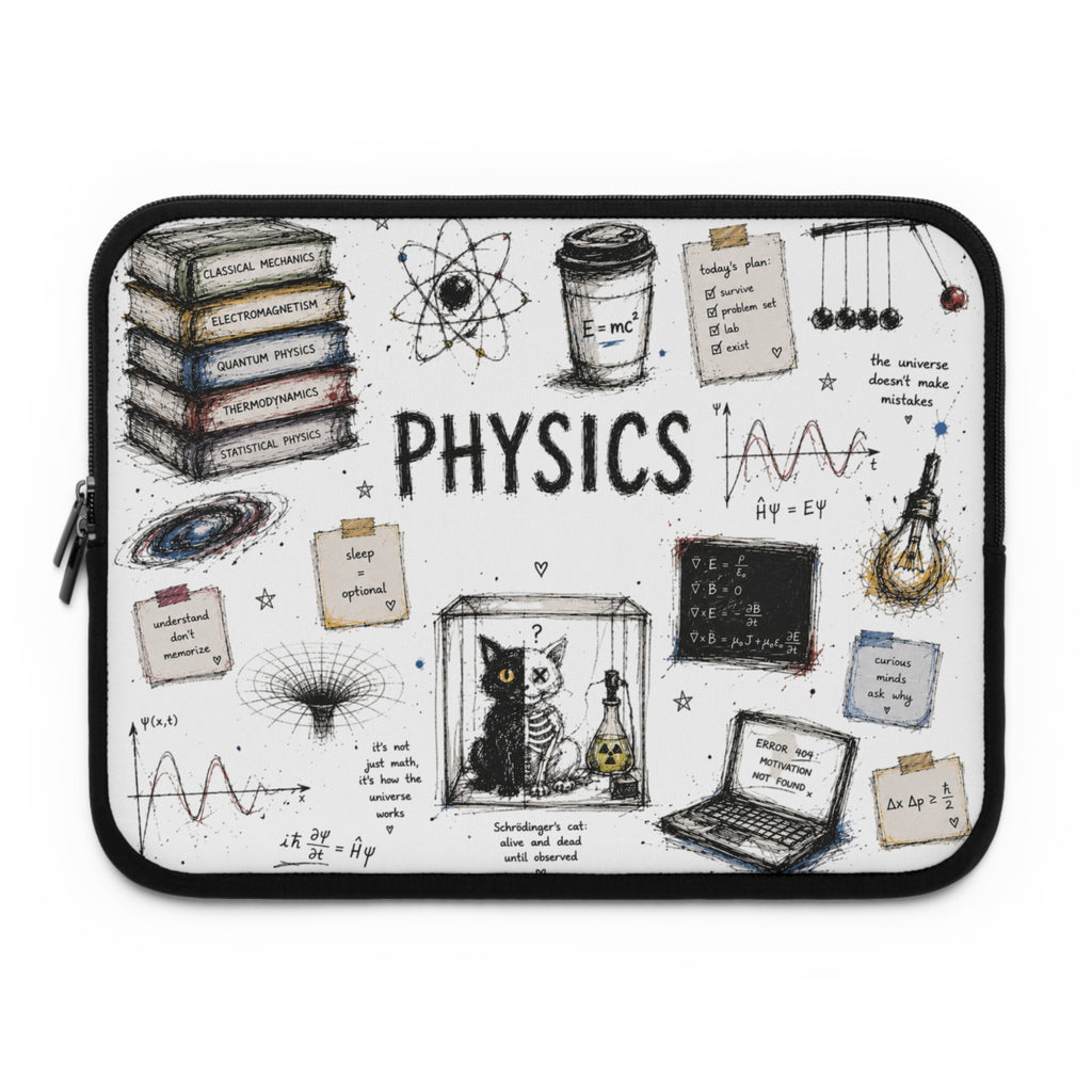 Physics Doodle Laptop Sleeve — Cute Science Notes & Cat Illustration