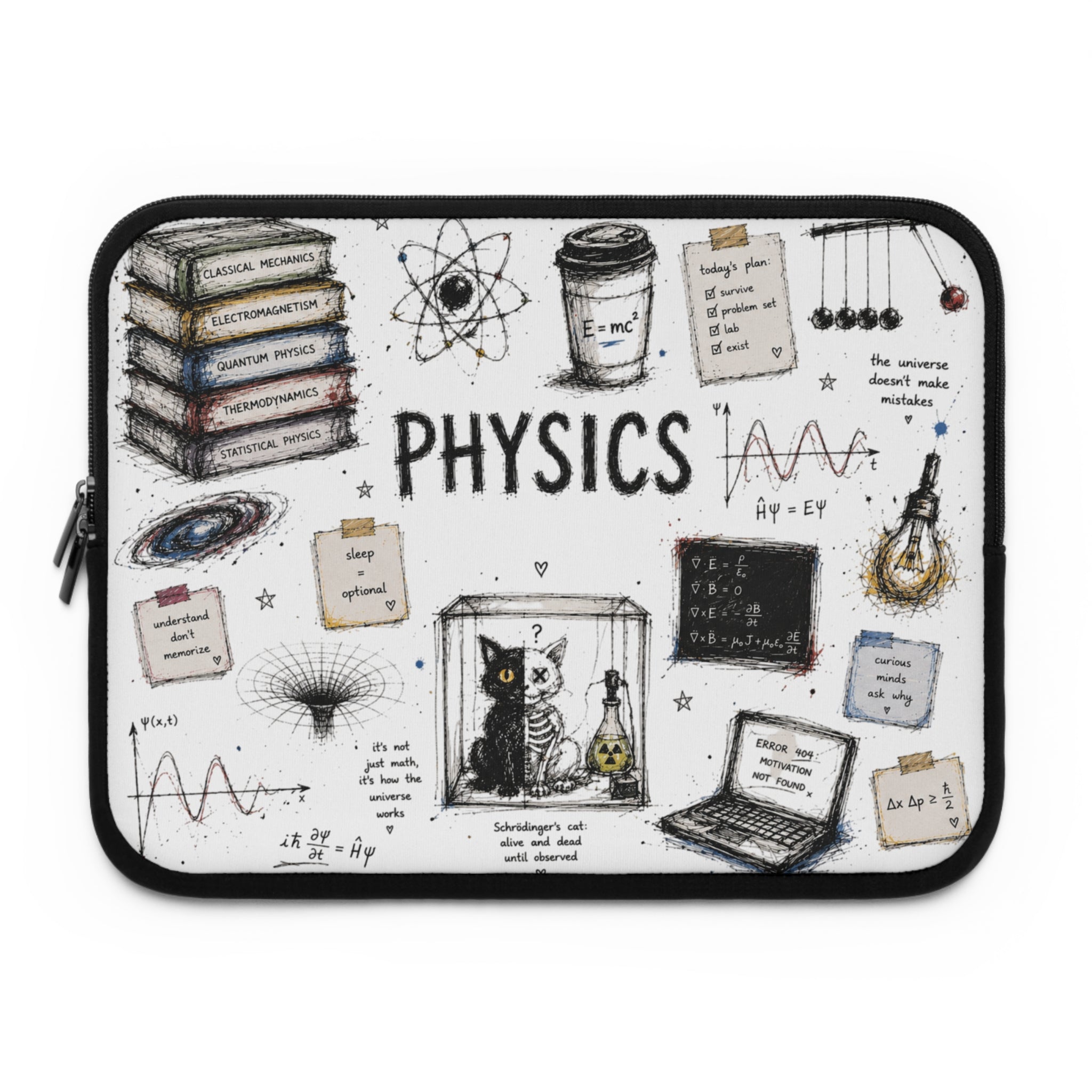 Physics Doodle Laptop Sleeve — Cute Science Notes & Cat Illustration
