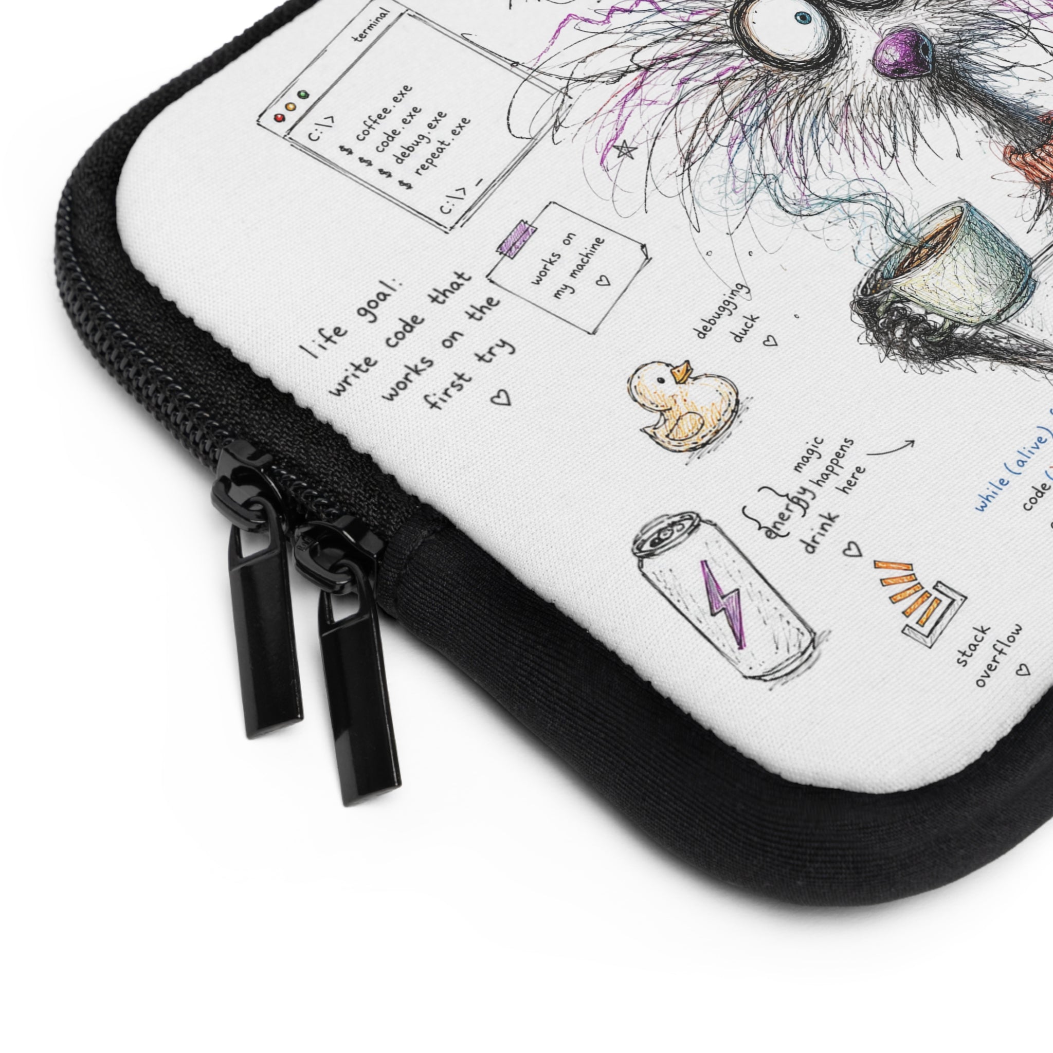 Comp Sci Crew Laptop Sleeve — Cute Fluffy Programmer Illustration