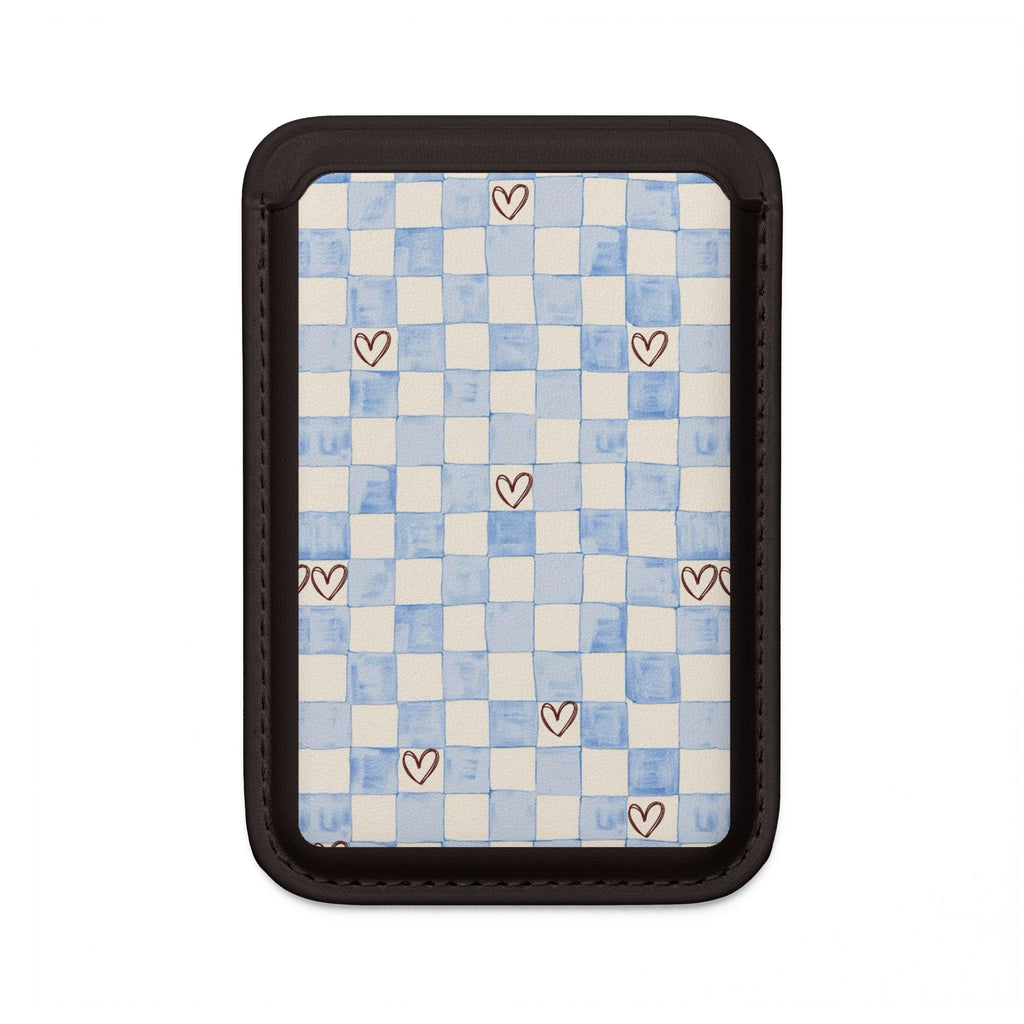 MagSafe Vegan Wallet — Blue Checkerboard with Tiny Hearts Card Holder