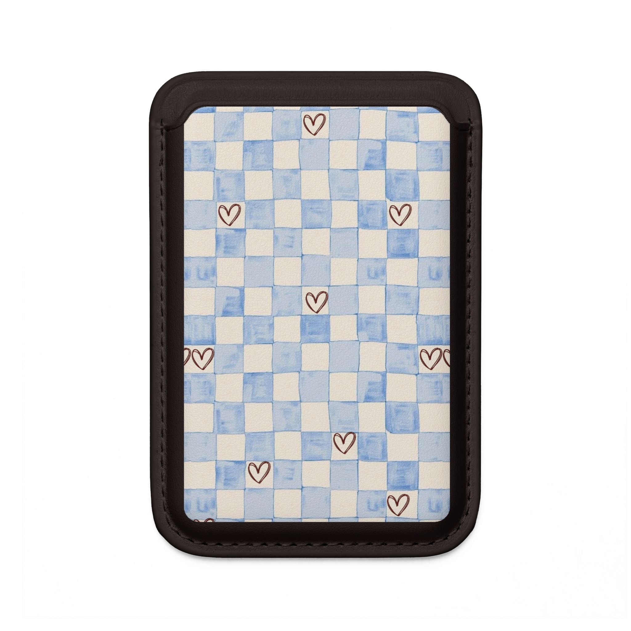 MagSafe Vegan Wallet — Blue Checkerboard with Tiny Hearts Card Holder