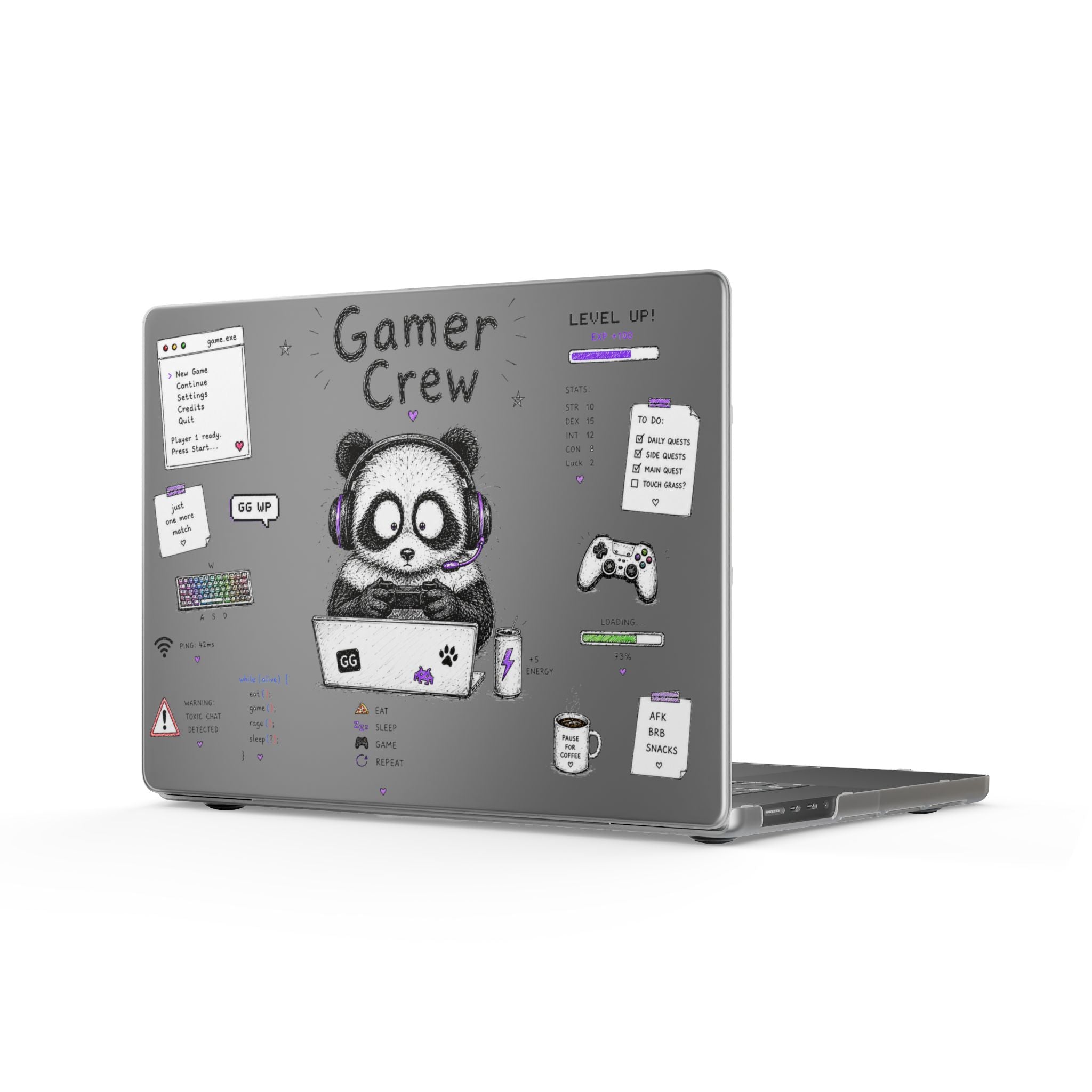 Gamer Crew Matte MacBook Case — Cute Panda Gaming Laptop Skin with Controller & Stickers