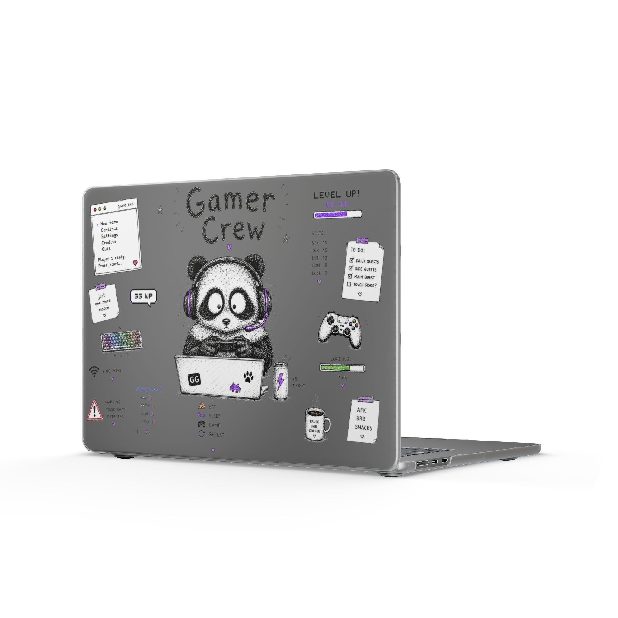 Gamer Crew Matte MacBook Case — Cute Panda Gaming Laptop Skin with Controller & Stickers