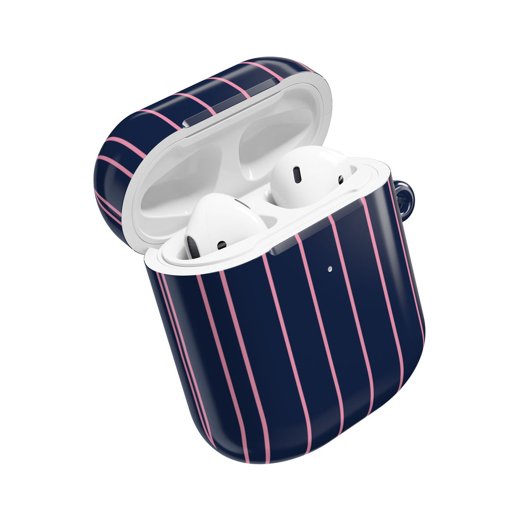 Striped Navy & Pink AirPod Case — Slim Protective Cover with Keyring Loop