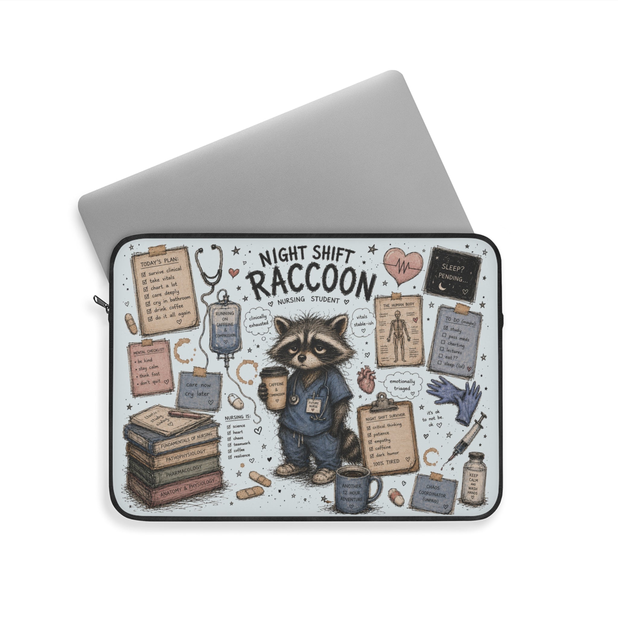 Night Shift Raccoon Nurse Laptop Sleeve — Cute Medical Student & Healthcare Worker Gift