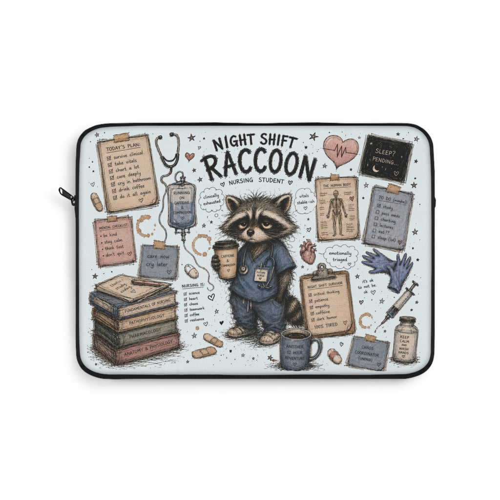 Night Shift Raccoon Nurse Laptop Sleeve — Cute Medical Student & Healthcare Worker Gift