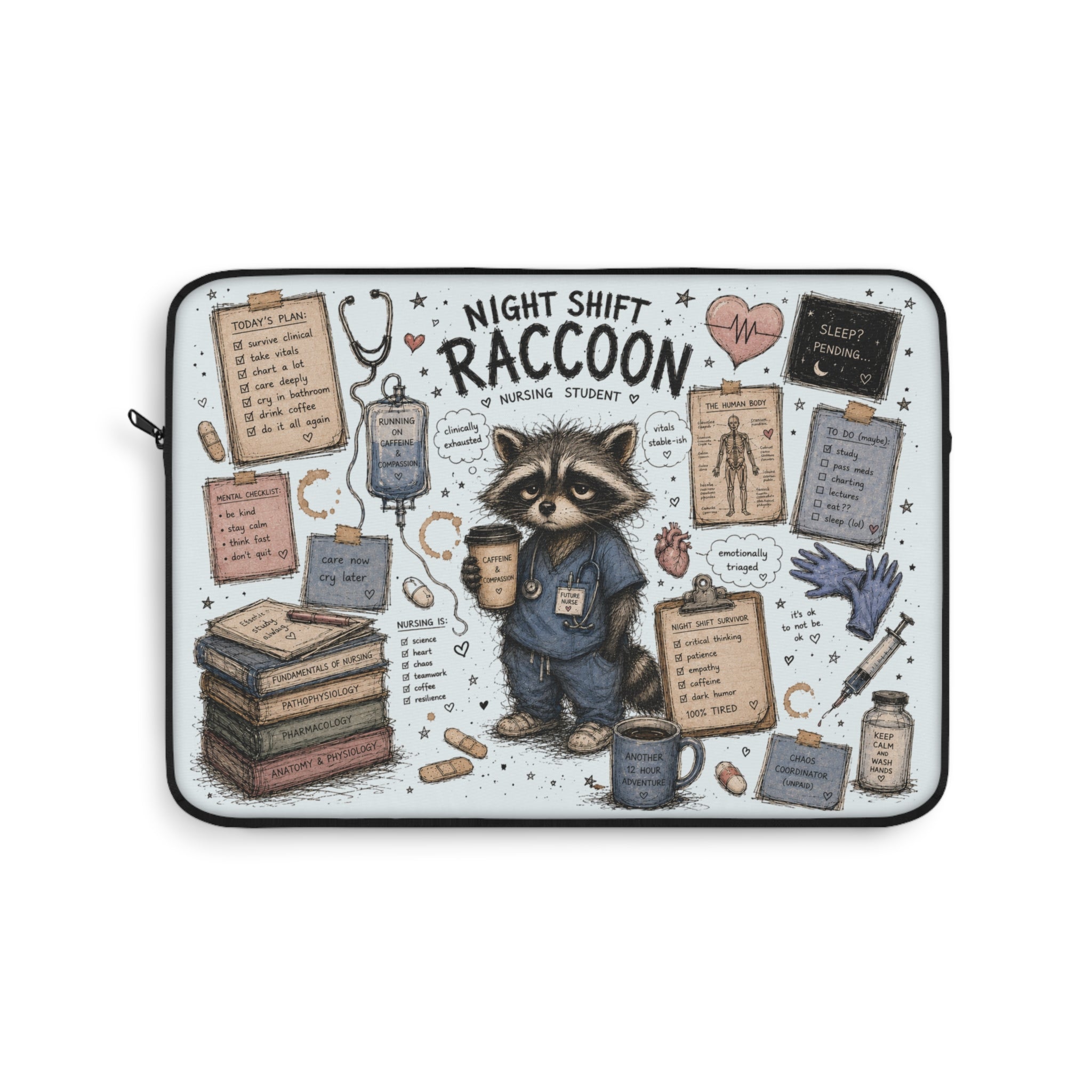 Night Shift Raccoon Nurse Laptop Sleeve — Cute Medical Student & Healthcare Worker Gift