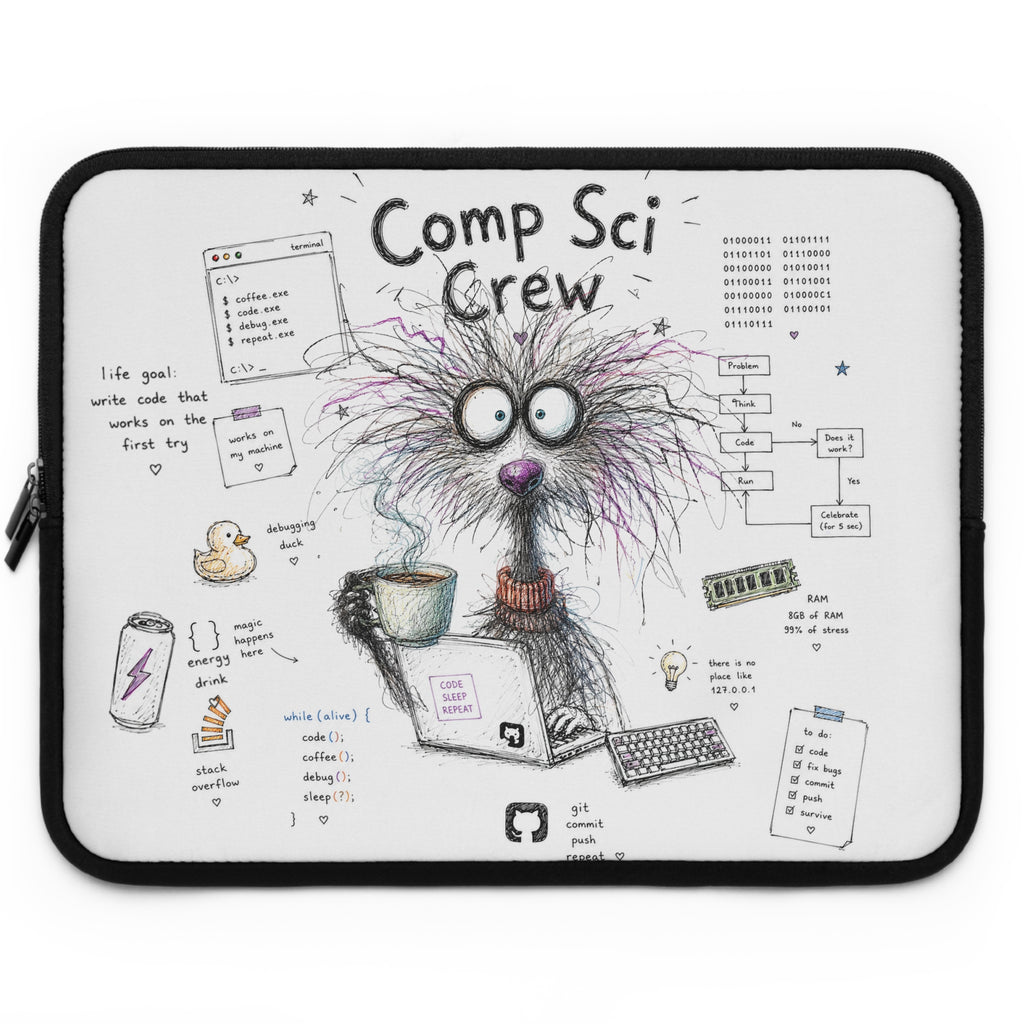 Comp Sci Crew Laptop Sleeve — Cute Fluffy Programmer Illustration