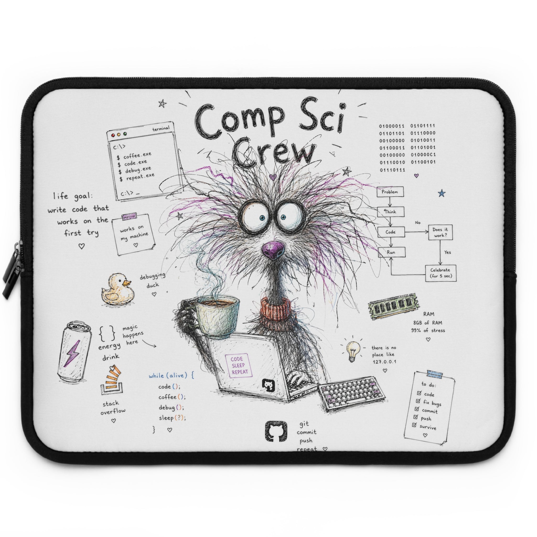 Comp Sci Crew Laptop Sleeve — Cute Fluffy Programmer Illustration