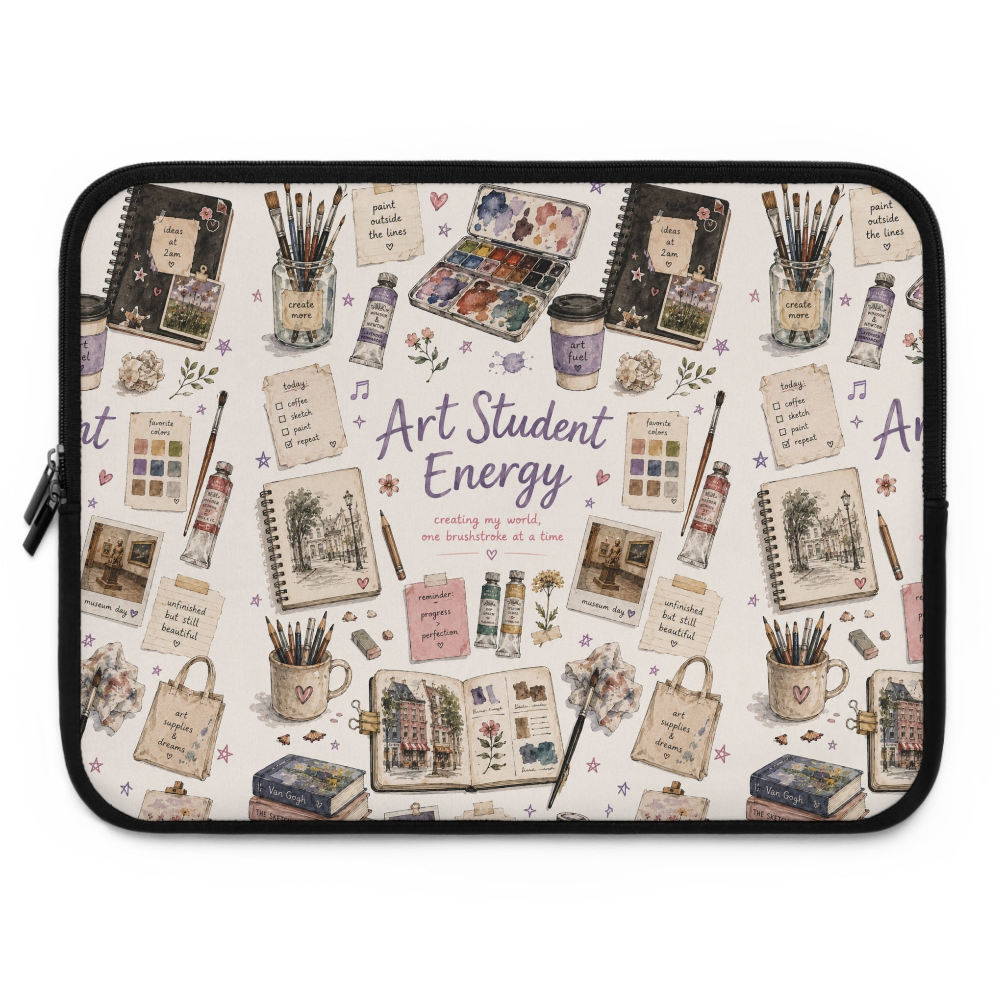 Art Student Energy Laptop Sleeve — Watercolor Art Supplies Pattern