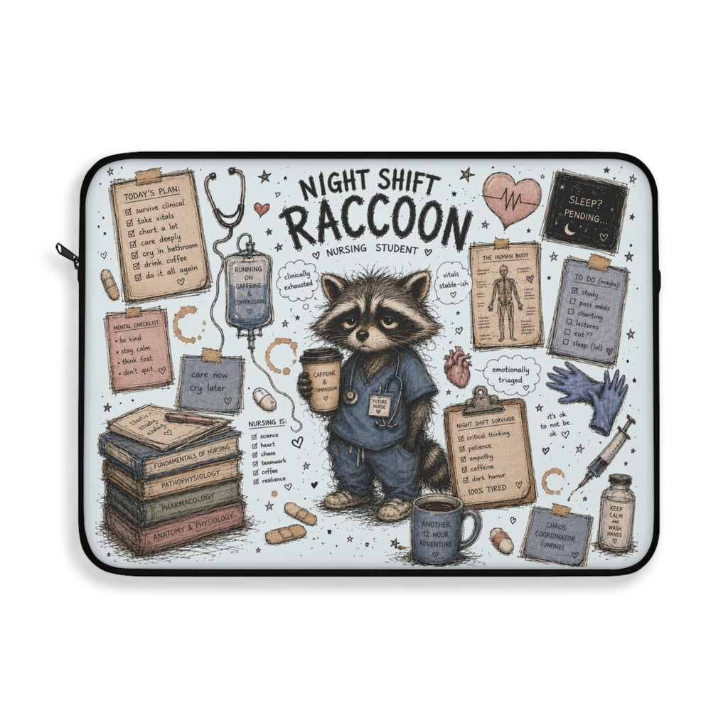 Night Shift Raccoon Nurse Laptop Sleeve — Cute Medical Student & Healthcare Worker Gift