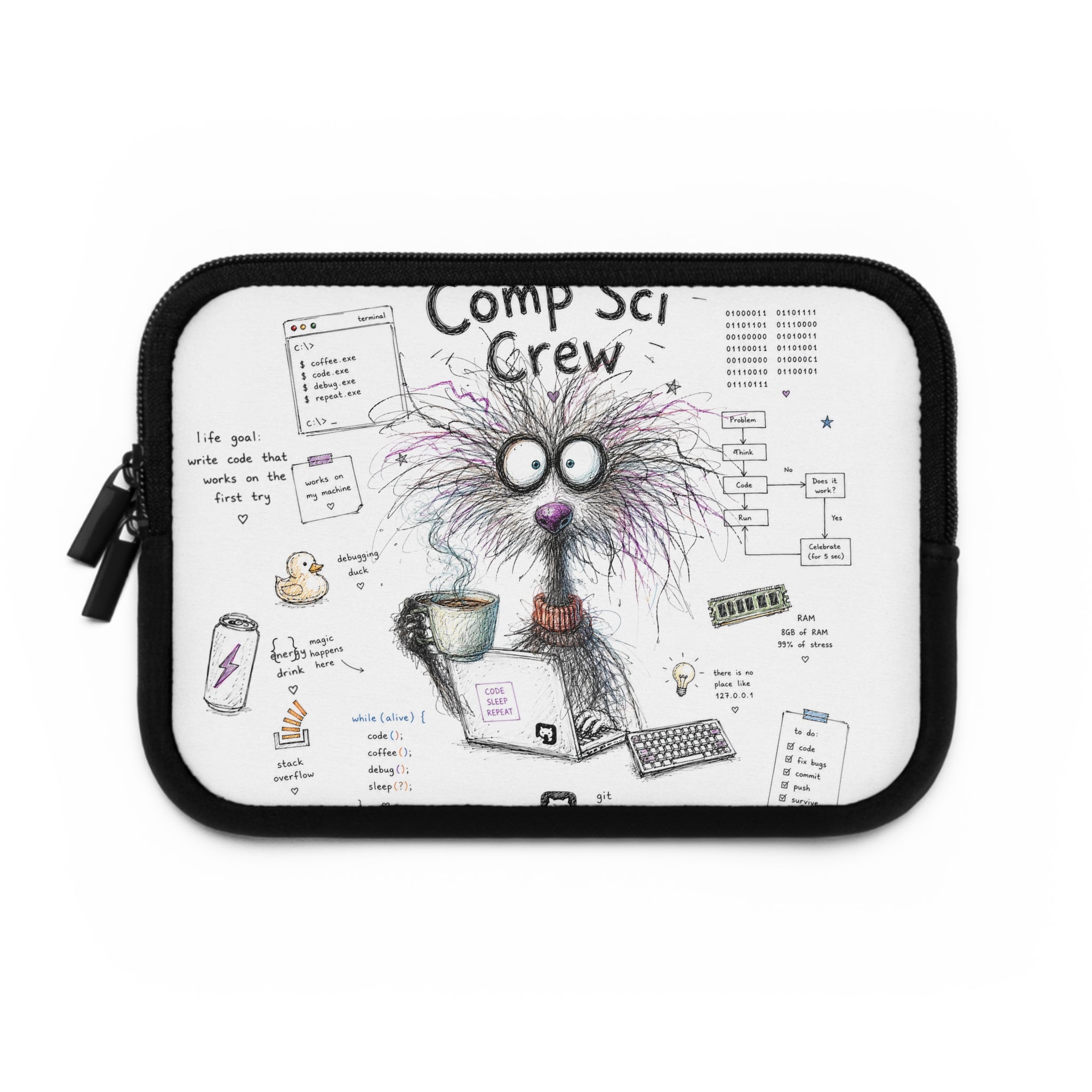 Comp Sci Crew Laptop Sleeve — Cute Fluffy Programmer Illustration