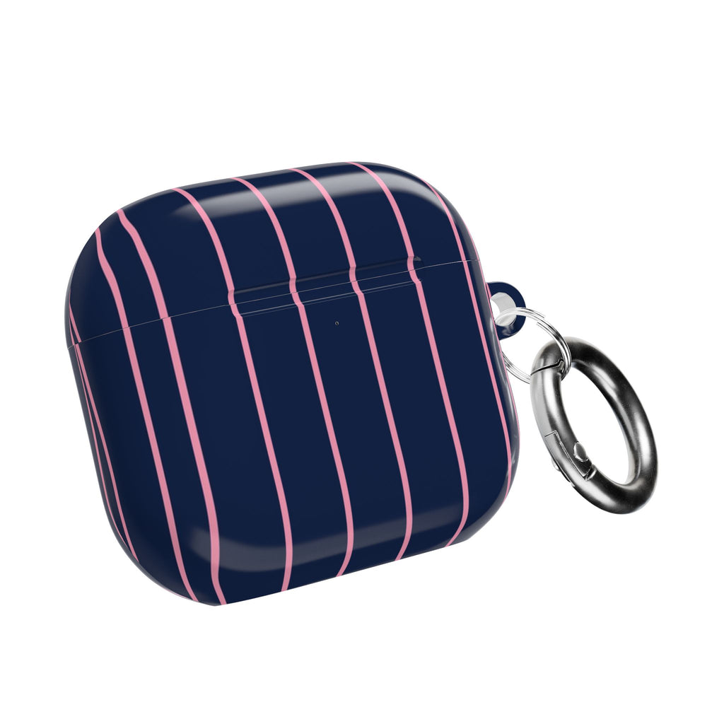 Striped Navy & Pink AirPod Case — Slim Protective Cover with Keyring Loop