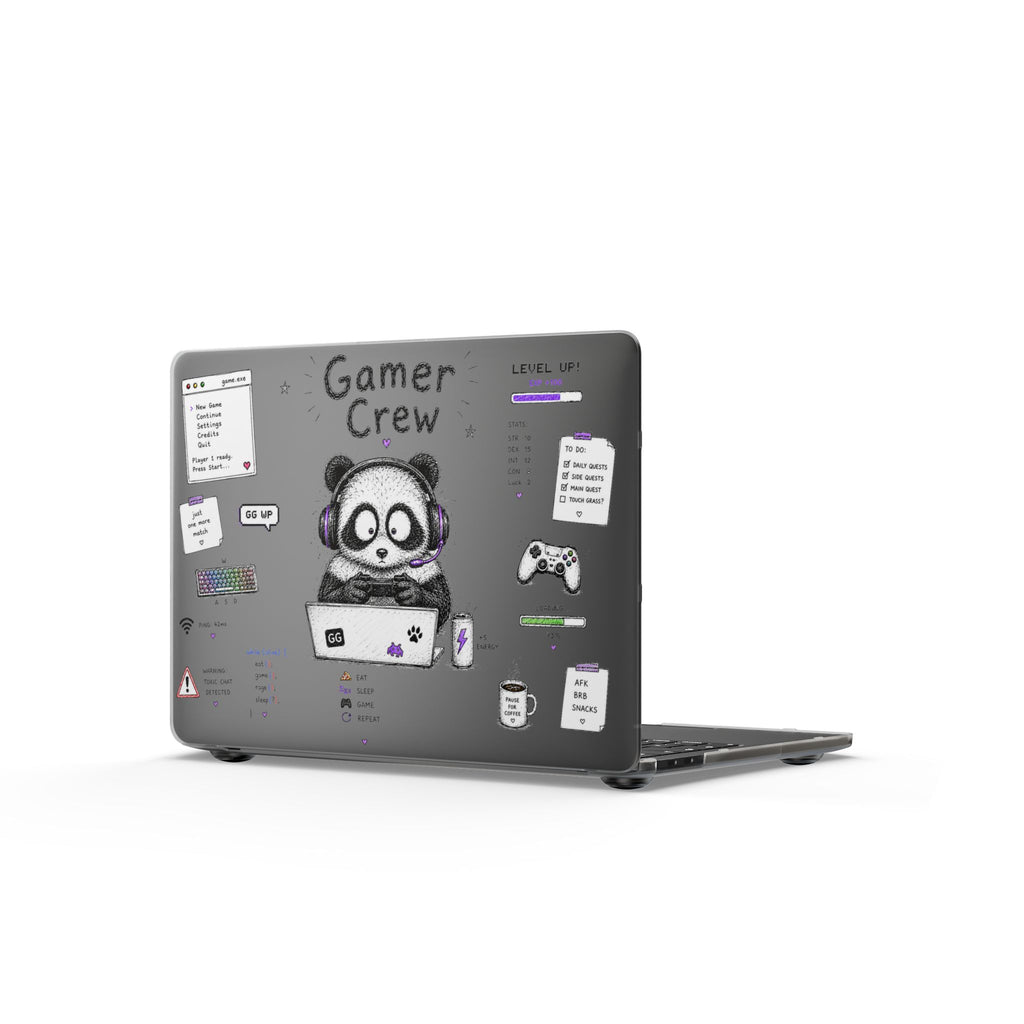Gamer Crew Matte MacBook Case — Cute Panda Gaming Laptop Skin with Controller & Stickers