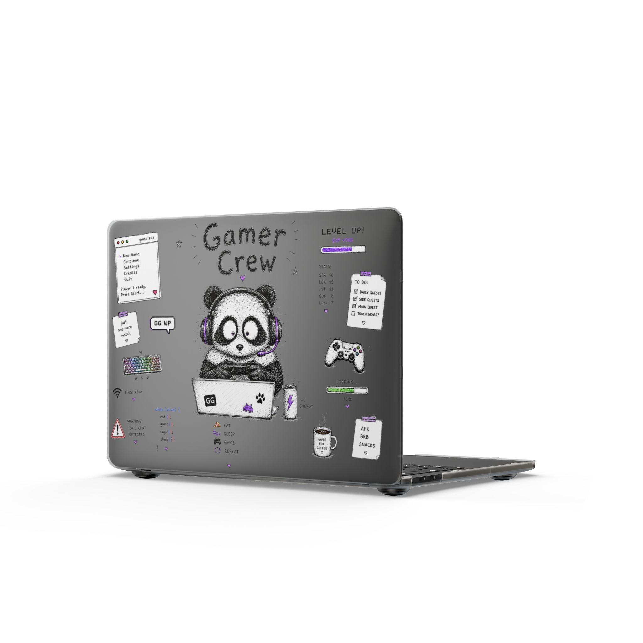 Gamer Crew Matte MacBook Case — Cute Panda Gaming Laptop Skin with Controller & Stickers