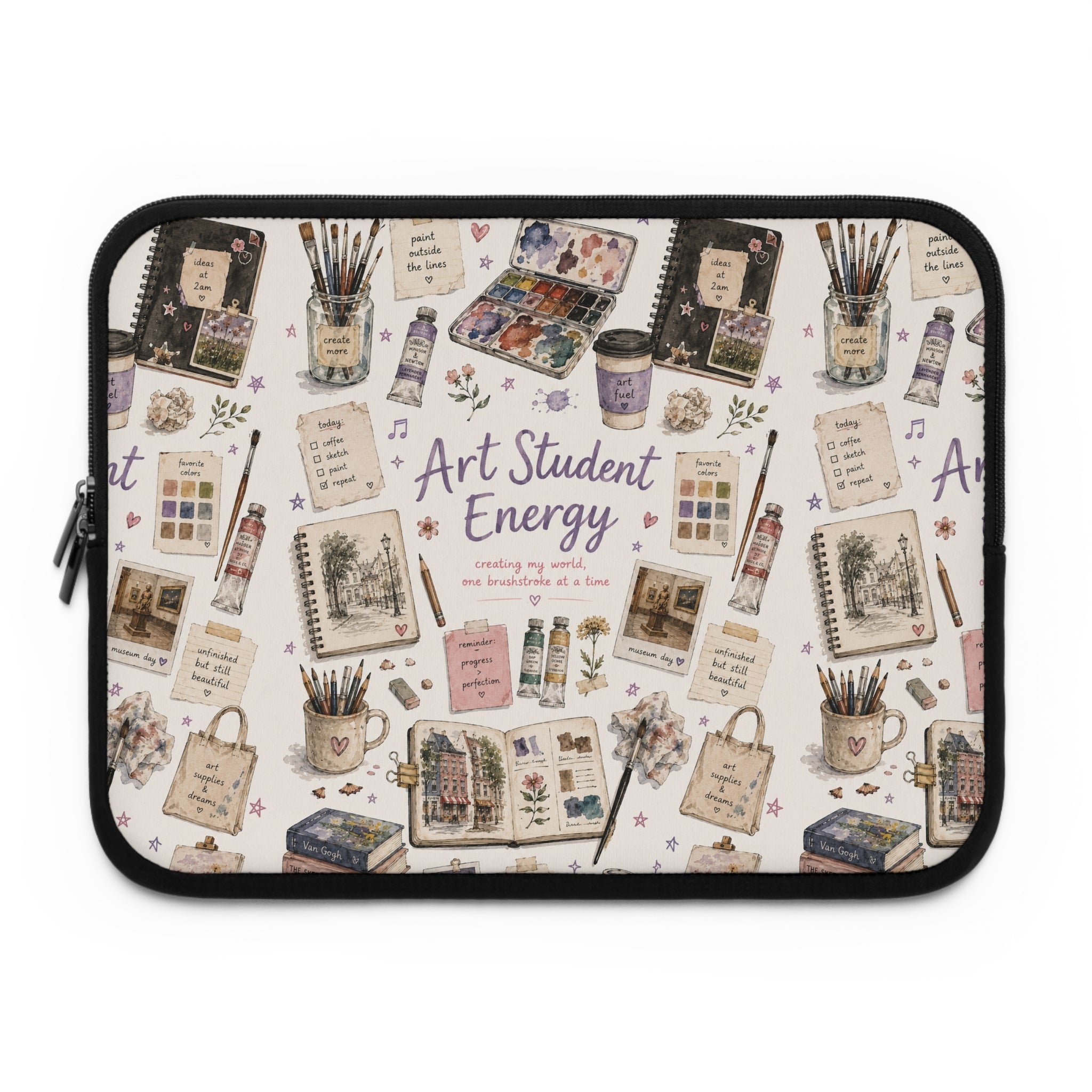 Art Student Energy Laptop Sleeve — Watercolor Art Supplies Pattern