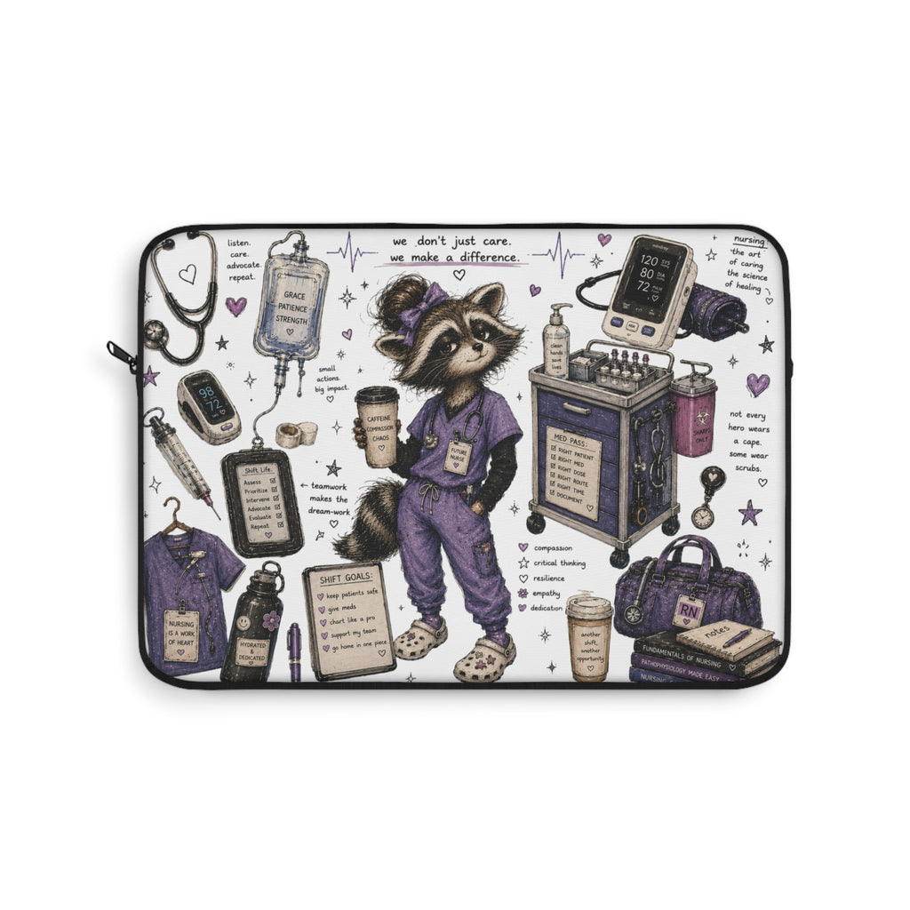 Cute Raccoon Nurse Laptop Sleeve — Nursing Student Gift, Scrubs & Coffee Design