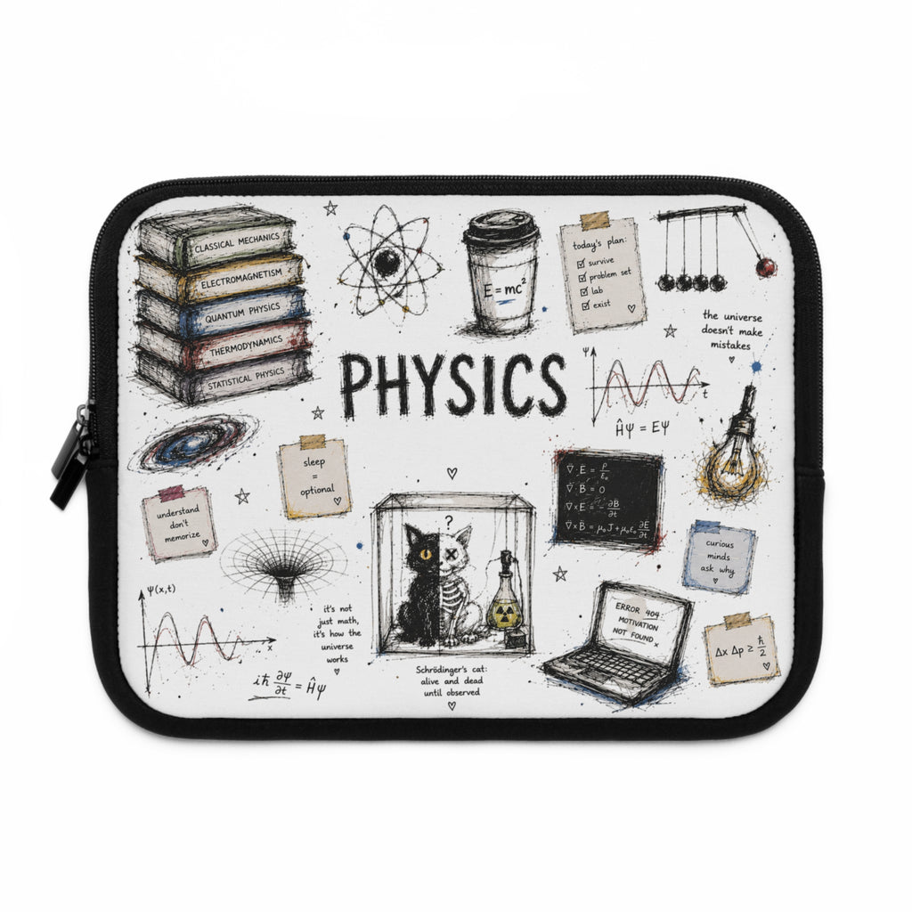 Physics Doodle Laptop Sleeve — Cute Science Notes & Cat Illustration