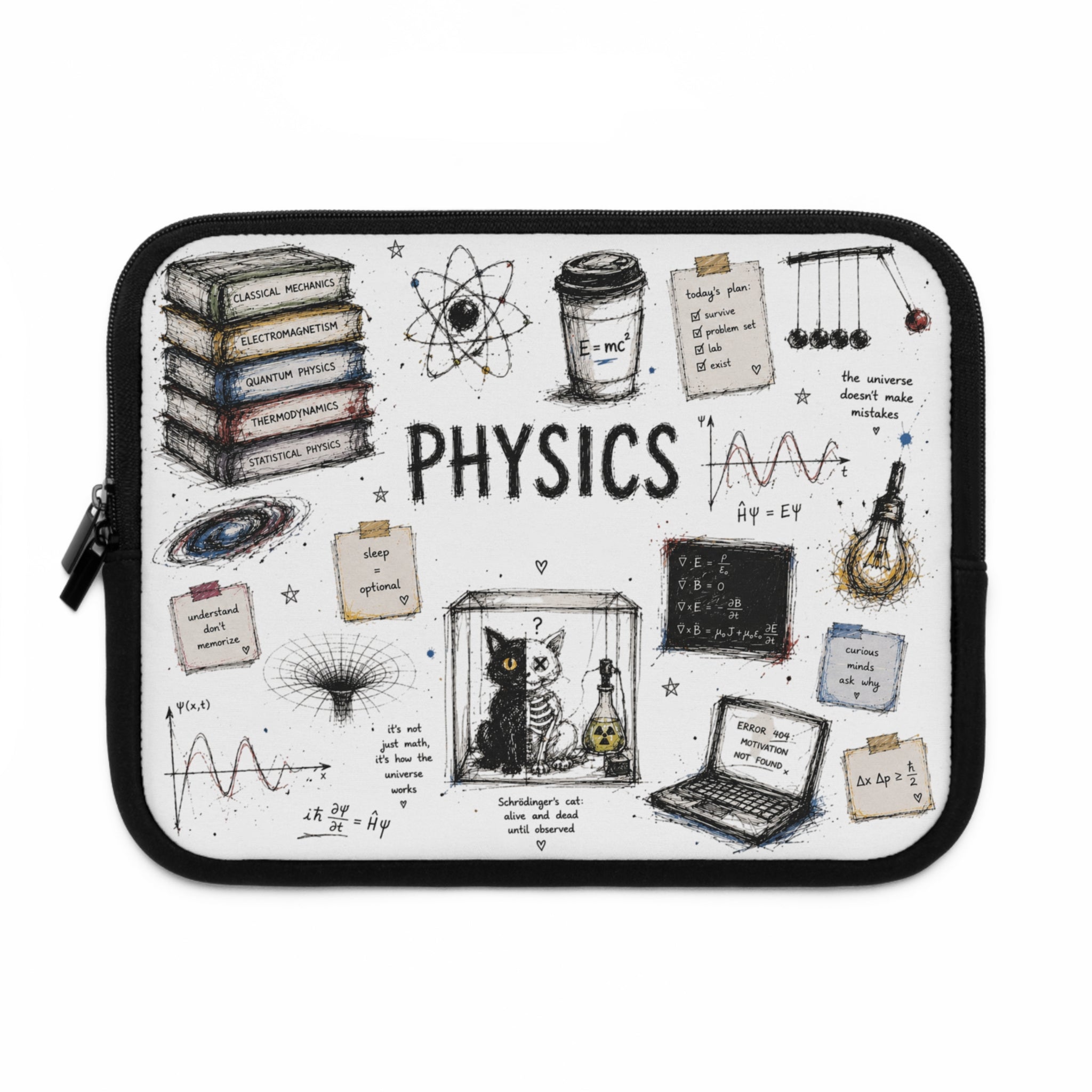 Physics Doodle Laptop Sleeve — Cute Science Notes & Cat Illustration