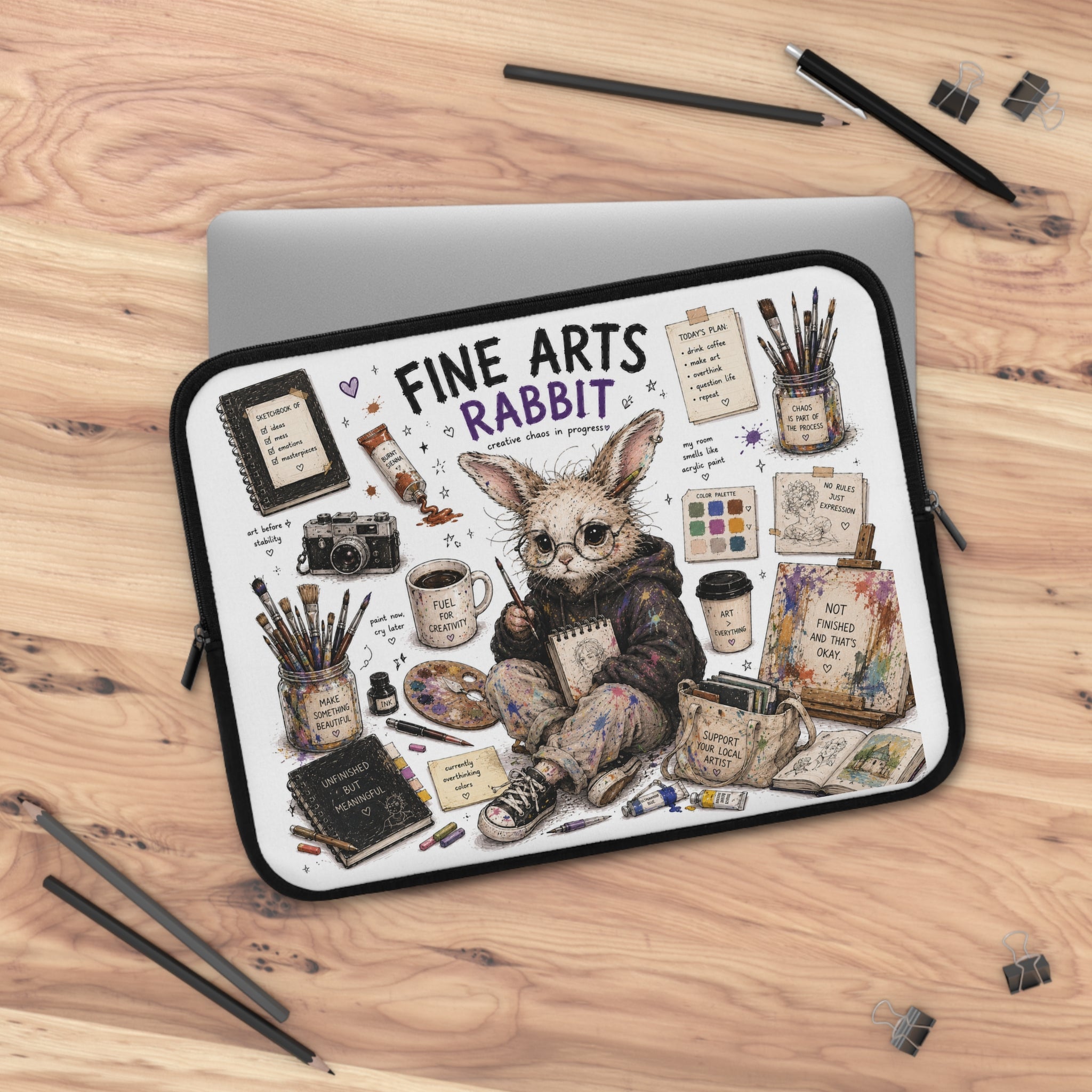 Fine Arts Rabbit Laptop Sleeve — Cute Artist Bunny Illustration Laptop Case
