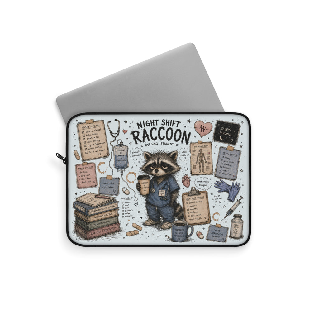Night Shift Raccoon Nurse Laptop Sleeve — Cute Medical Student & Healthcare Worker Gift