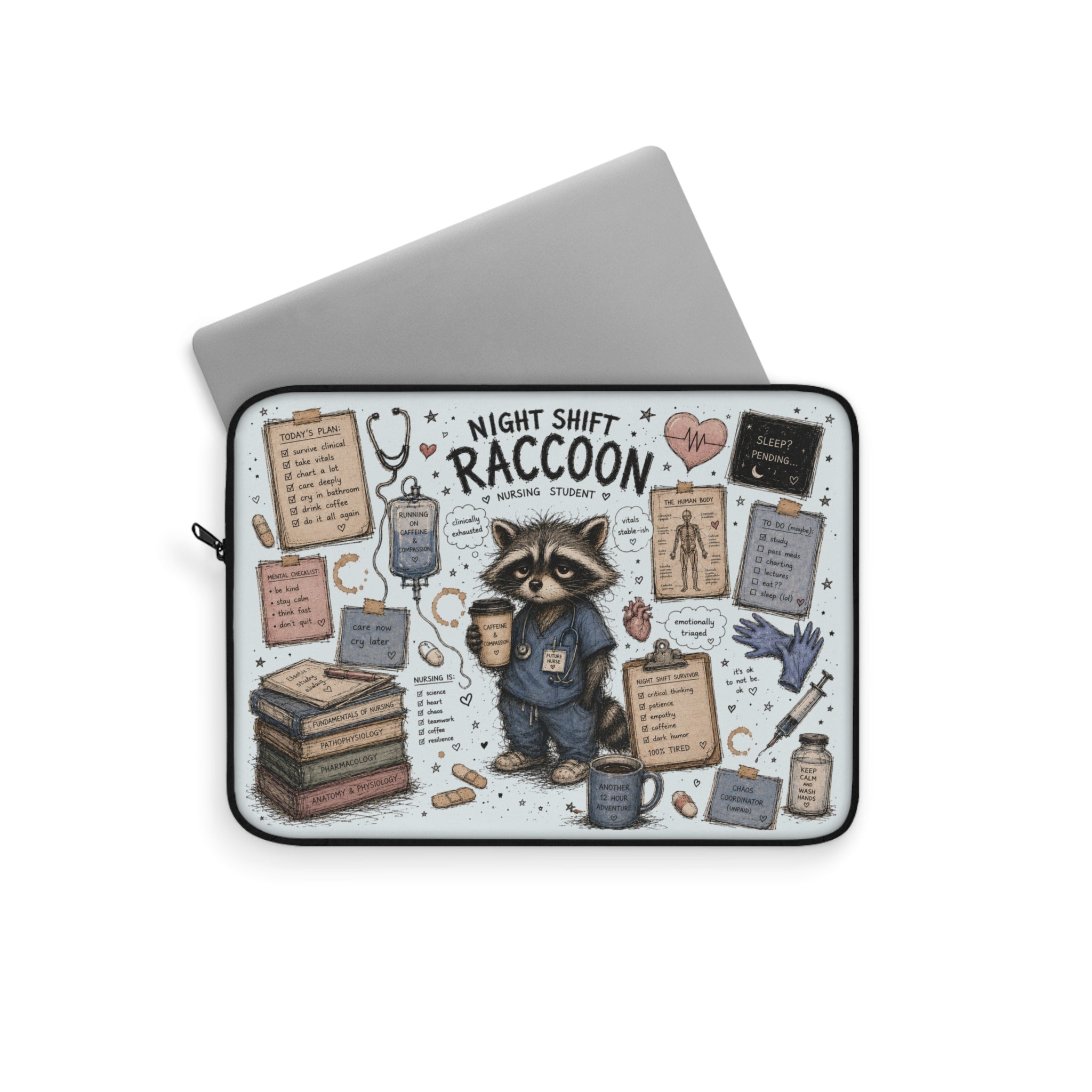 Night Shift Raccoon Nurse Laptop Sleeve — Cute Medical Student & Healthcare Worker Gift