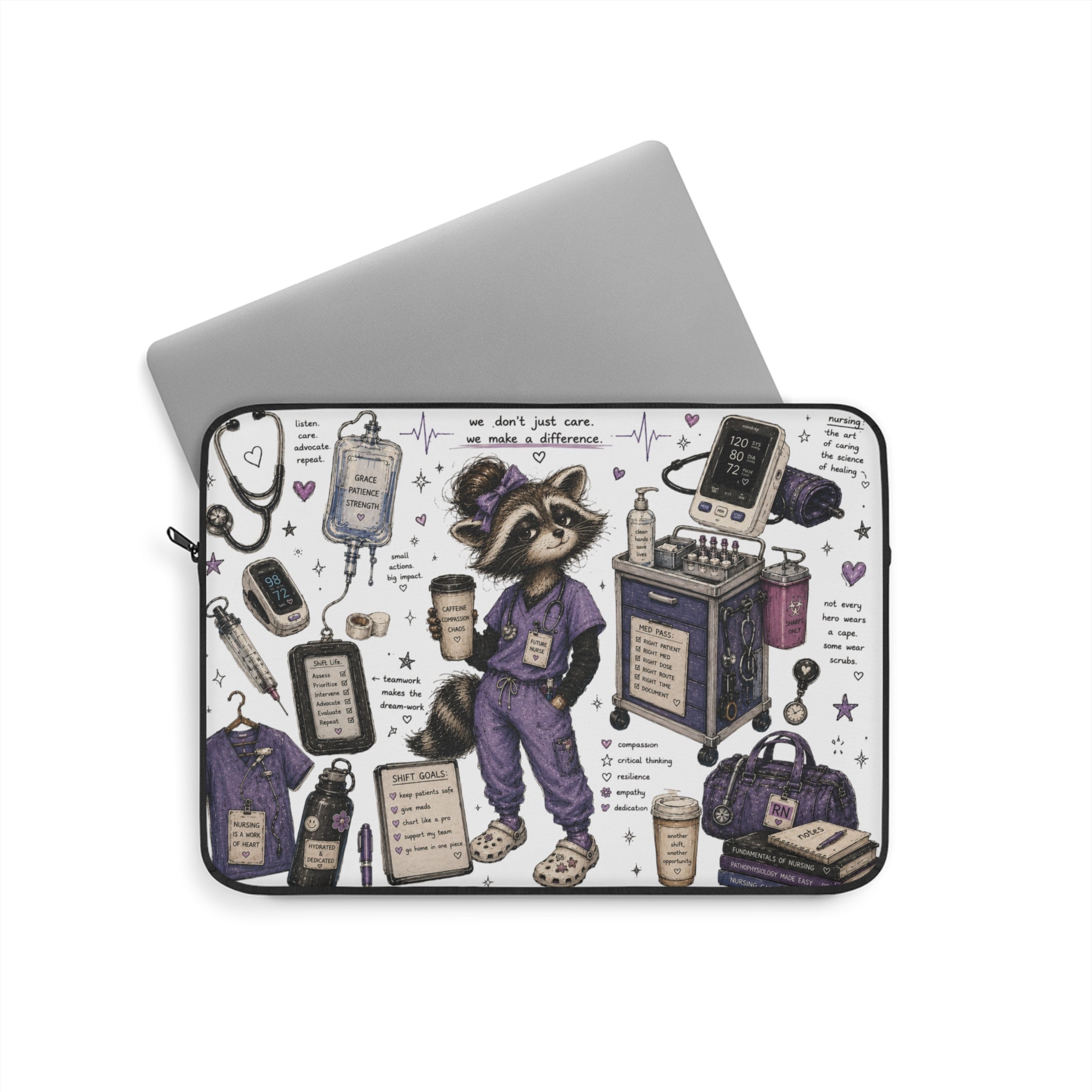 Cute Raccoon Nurse Laptop Sleeve — Nursing Student Gift, Scrubs & Coffee Design