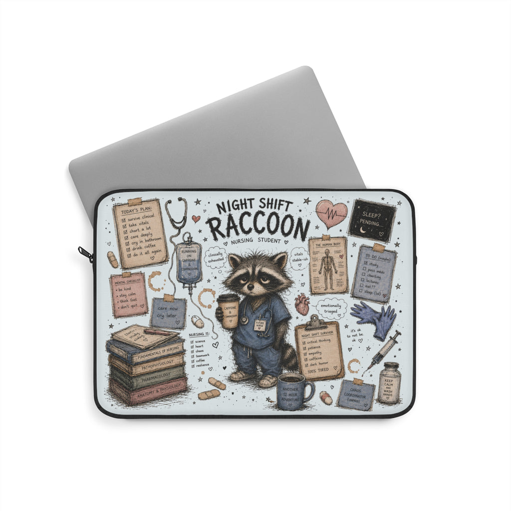 Night Shift Raccoon Nurse Laptop Sleeve — Cute Medical Student & Healthcare Worker Gift